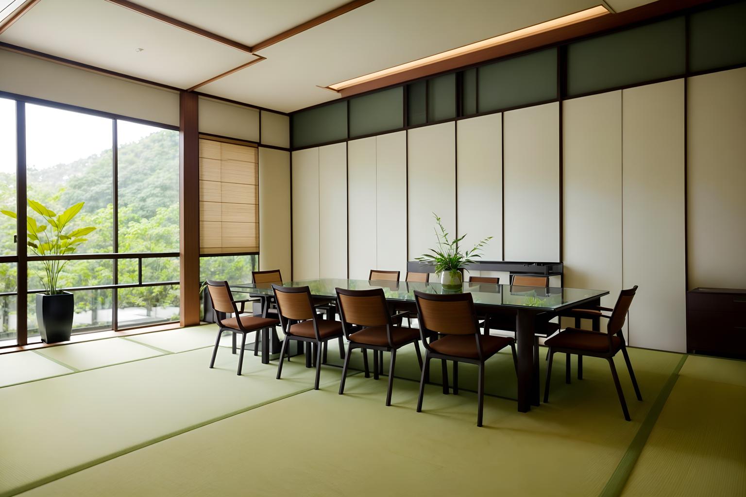 zen-style (meeting room interior) with plant and glass walls and cabinets and painting or photo on wall and vase and boardroom table and glass doors and office chairs. . with japanese minimalist interior and japanese minimalist interior and clutter free and japanese interior and calm and neutral colors and natural textures and japanese minimalist interior and serenity and harmony. . cinematic photo, highly detailed, cinematic lighting, ultra-detailed, ultrarealistic, photorealism, 8k. zen interior design style. masterpiece, cinematic light, ultrarealistic+, photorealistic+, 8k, raw photo, realistic, sharp focus on eyes, (symmetrical eyes), (intact eyes), hyperrealistic, highest quality, best quality, , highly detailed, masterpiece, best quality, extremely detailed 8k wallpaper, masterpiece, best quality, ultra-detailed, best shadow, detailed background, detailed face, detailed eyes, high contrast, best illumination, detailed face, dulux, caustic, dynamic angle, detailed glow. dramatic lighting. highly detailed, insanely detailed hair, symmetrical, intricate details, professionally retouched, 8k high definition. strong bokeh. award winning photo.