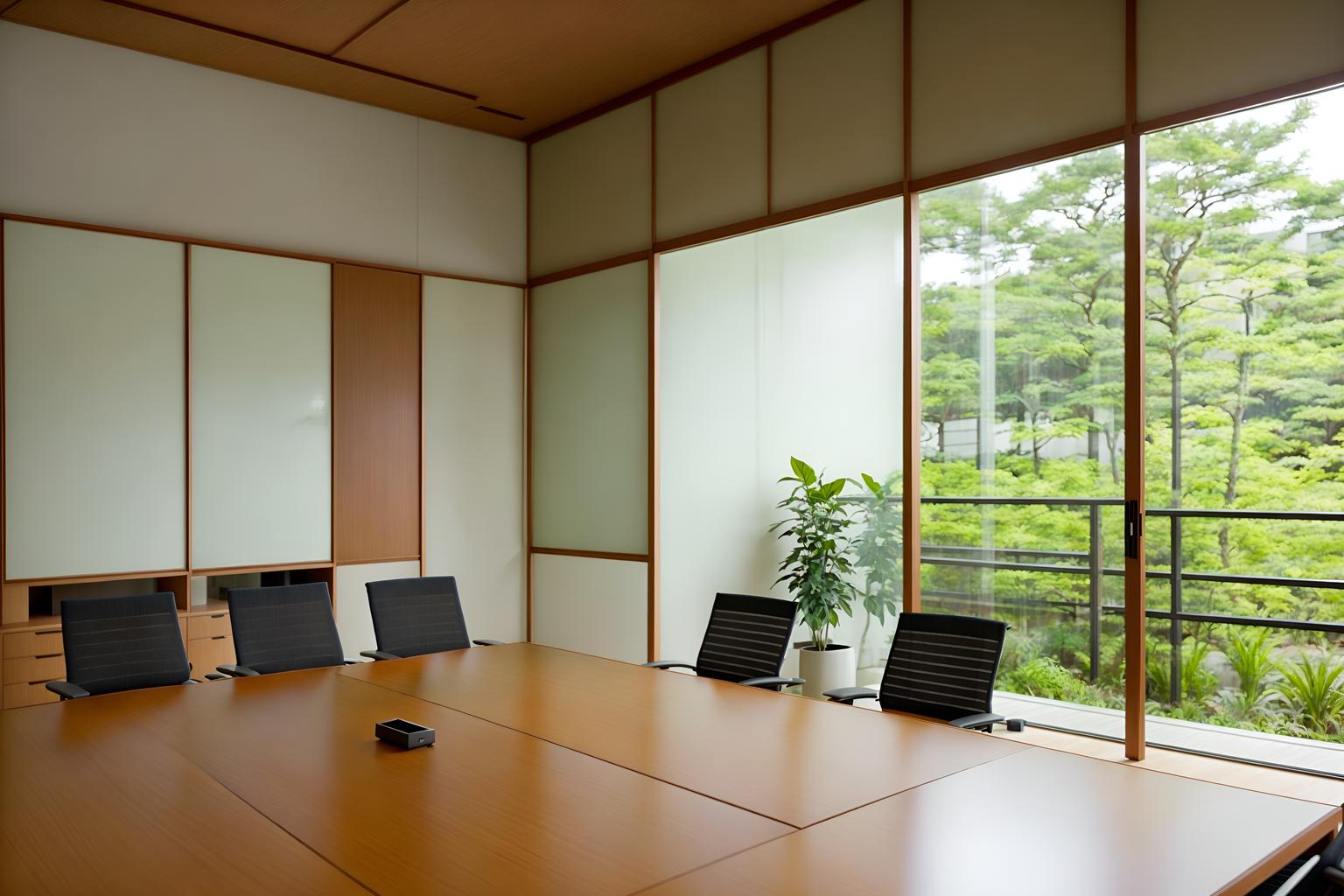 zen-style (meeting room interior) with plant and glass walls and cabinets and painting or photo on wall and vase and boardroom table and glass doors and office chairs. . with japanese minimalist interior and japanese minimalist interior and clutter free and japanese interior and calm and neutral colors and natural textures and japanese minimalist interior and serenity and harmony. . cinematic photo, highly detailed, cinematic lighting, ultra-detailed, ultrarealistic, photorealism, 8k. zen interior design style. masterpiece, cinematic light, ultrarealistic+, photorealistic+, 8k, raw photo, realistic, sharp focus on eyes, (symmetrical eyes), (intact eyes), hyperrealistic, highest quality, best quality, , highly detailed, masterpiece, best quality, extremely detailed 8k wallpaper, masterpiece, best quality, ultra-detailed, best shadow, detailed background, detailed face, detailed eyes, high contrast, best illumination, detailed face, dulux, caustic, dynamic angle, detailed glow. dramatic lighting. highly detailed, insanely detailed hair, symmetrical, intricate details, professionally retouched, 8k high definition. strong bokeh. award winning photo.