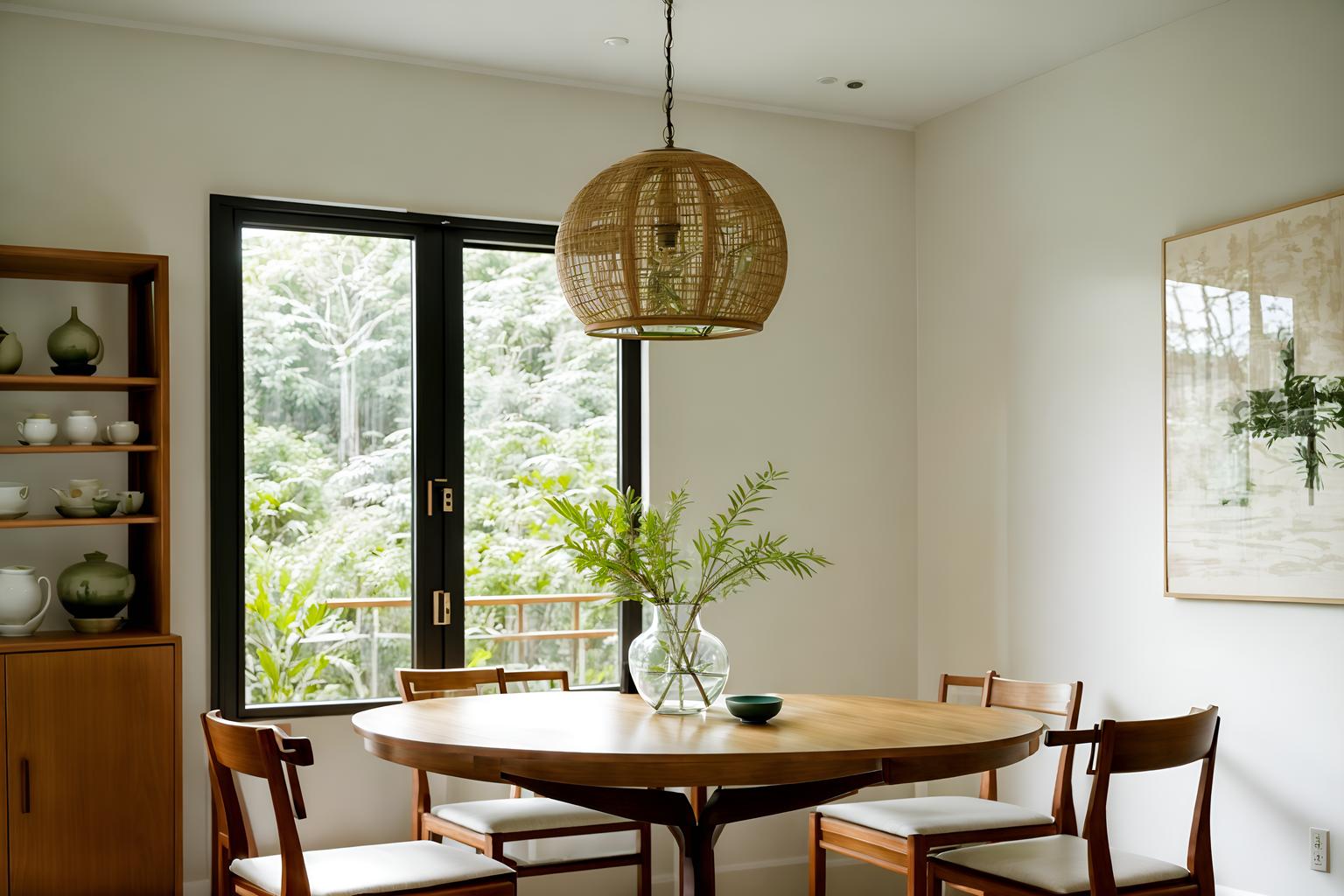 zen-style (dining room interior) with vase and dining table and plant and plates, cutlery and glasses on dining table and dining table chairs and painting or photo on wall and light or chandelier and bookshelves. . with serenity and harmony and natural light and natural textures and simplicity and asian interior and simple furniture and calm and neutral colors and japanese minimalist interior. . cinematic photo, highly detailed, cinematic lighting, ultra-detailed, ultrarealistic, photorealism, 8k. zen interior design style. masterpiece, cinematic light, ultrarealistic+, photorealistic+, 8k, raw photo, realistic, sharp focus on eyes, (symmetrical eyes), (intact eyes), hyperrealistic, highest quality, best quality, , highly detailed, masterpiece, best quality, extremely detailed 8k wallpaper, masterpiece, best quality, ultra-detailed, best shadow, detailed background, detailed face, detailed eyes, high contrast, best illumination, detailed face, dulux, caustic, dynamic angle, detailed glow. dramatic lighting. highly detailed, insanely detailed hair, symmetrical, intricate details, professionally retouched, 8k high definition. strong bokeh. award winning photo.