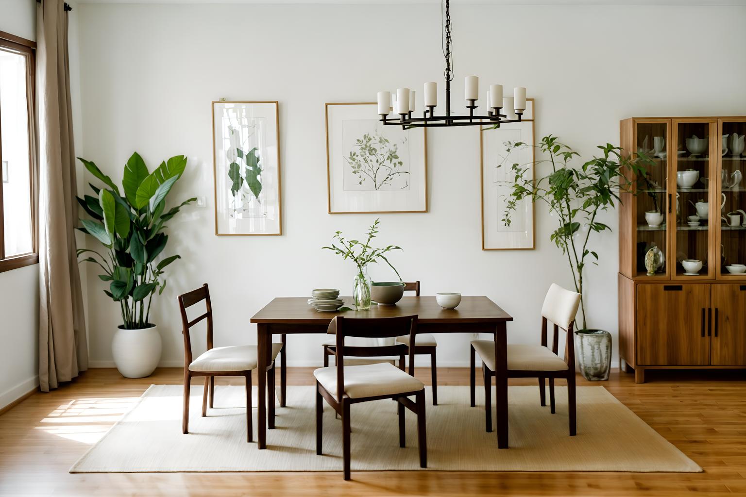 zen-style (dining room interior) with vase and dining table and plant and plates, cutlery and glasses on dining table and dining table chairs and painting or photo on wall and light or chandelier and bookshelves. . with serenity and harmony and natural light and natural textures and simplicity and asian interior and simple furniture and calm and neutral colors and japanese minimalist interior. . cinematic photo, highly detailed, cinematic lighting, ultra-detailed, ultrarealistic, photorealism, 8k. zen interior design style. masterpiece, cinematic light, ultrarealistic+, photorealistic+, 8k, raw photo, realistic, sharp focus on eyes, (symmetrical eyes), (intact eyes), hyperrealistic, highest quality, best quality, , highly detailed, masterpiece, best quality, extremely detailed 8k wallpaper, masterpiece, best quality, ultra-detailed, best shadow, detailed background, detailed face, detailed eyes, high contrast, best illumination, detailed face, dulux, caustic, dynamic angle, detailed glow. dramatic lighting. highly detailed, insanely detailed hair, symmetrical, intricate details, professionally retouched, 8k high definition. strong bokeh. award winning photo.