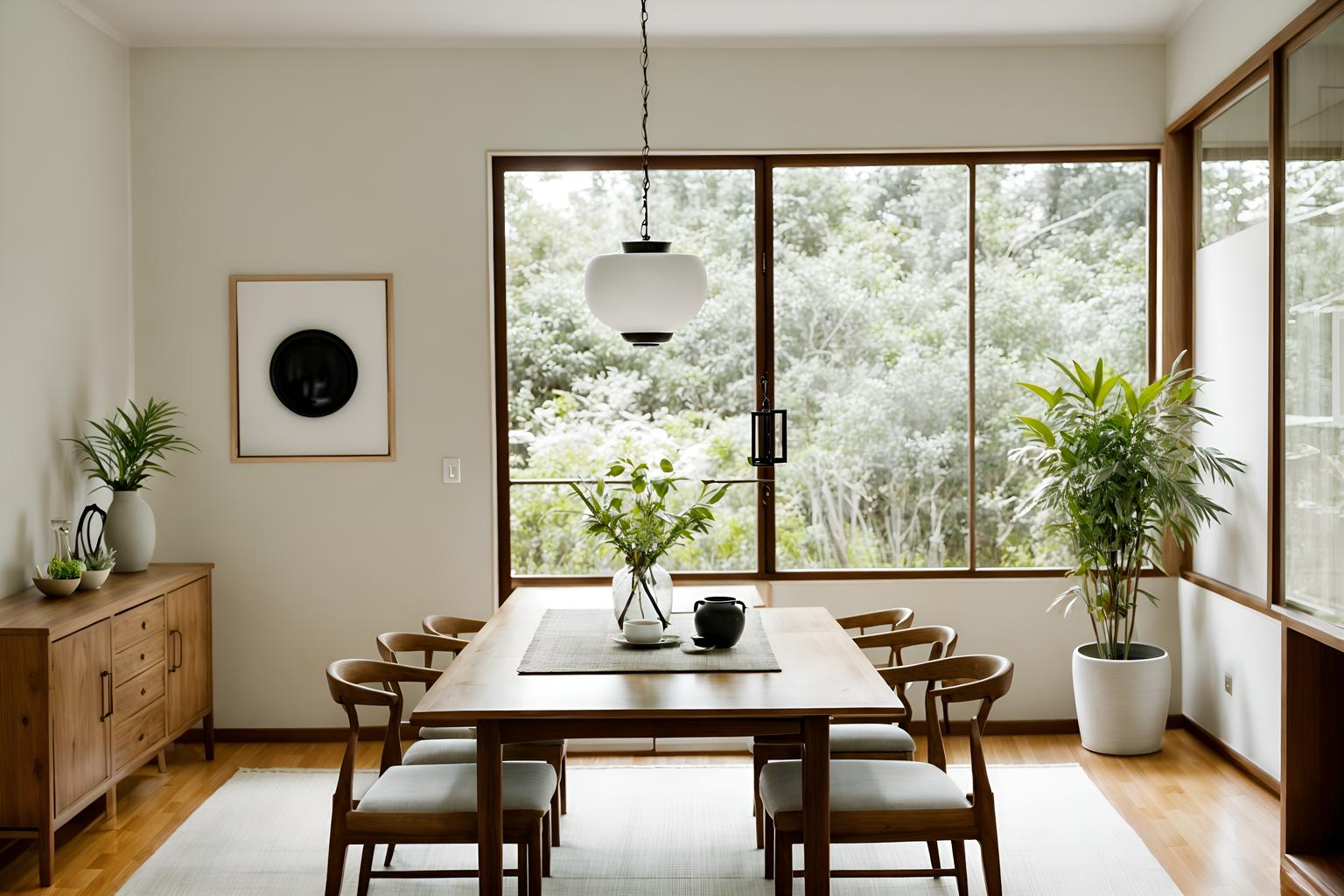 zen-style (dining room interior) with vase and dining table and plant and plates, cutlery and glasses on dining table and dining table chairs and painting or photo on wall and light or chandelier and bookshelves. . with serenity and harmony and natural light and natural textures and simplicity and asian interior and simple furniture and calm and neutral colors and japanese minimalist interior. . cinematic photo, highly detailed, cinematic lighting, ultra-detailed, ultrarealistic, photorealism, 8k. zen interior design style. masterpiece, cinematic light, ultrarealistic+, photorealistic+, 8k, raw photo, realistic, sharp focus on eyes, (symmetrical eyes), (intact eyes), hyperrealistic, highest quality, best quality, , highly detailed, masterpiece, best quality, extremely detailed 8k wallpaper, masterpiece, best quality, ultra-detailed, best shadow, detailed background, detailed face, detailed eyes, high contrast, best illumination, detailed face, dulux, caustic, dynamic angle, detailed glow. dramatic lighting. highly detailed, insanely detailed hair, symmetrical, intricate details, professionally retouched, 8k high definition. strong bokeh. award winning photo.