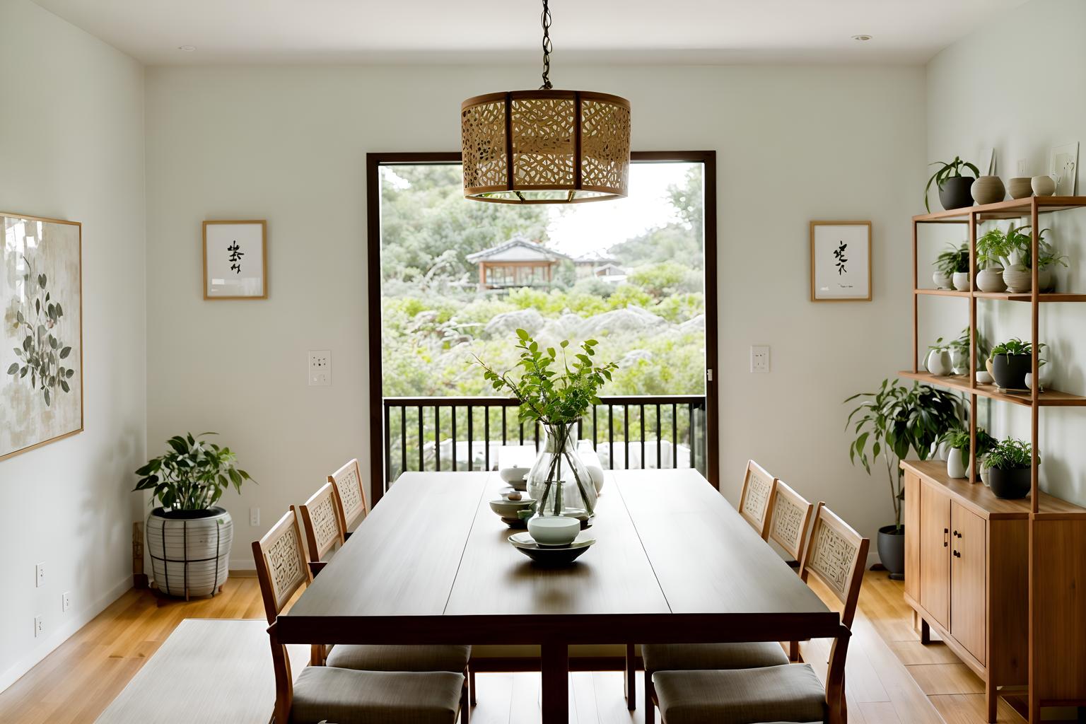 zen-style (dining room interior) with vase and dining table and plant and plates, cutlery and glasses on dining table and dining table chairs and painting or photo on wall and light or chandelier and bookshelves. . with serenity and harmony and natural light and natural textures and simplicity and asian interior and simple furniture and calm and neutral colors and japanese minimalist interior. . cinematic photo, highly detailed, cinematic lighting, ultra-detailed, ultrarealistic, photorealism, 8k. zen interior design style. masterpiece, cinematic light, ultrarealistic+, photorealistic+, 8k, raw photo, realistic, sharp focus on eyes, (symmetrical eyes), (intact eyes), hyperrealistic, highest quality, best quality, , highly detailed, masterpiece, best quality, extremely detailed 8k wallpaper, masterpiece, best quality, ultra-detailed, best shadow, detailed background, detailed face, detailed eyes, high contrast, best illumination, detailed face, dulux, caustic, dynamic angle, detailed glow. dramatic lighting. highly detailed, insanely detailed hair, symmetrical, intricate details, professionally retouched, 8k high definition. strong bokeh. award winning photo.