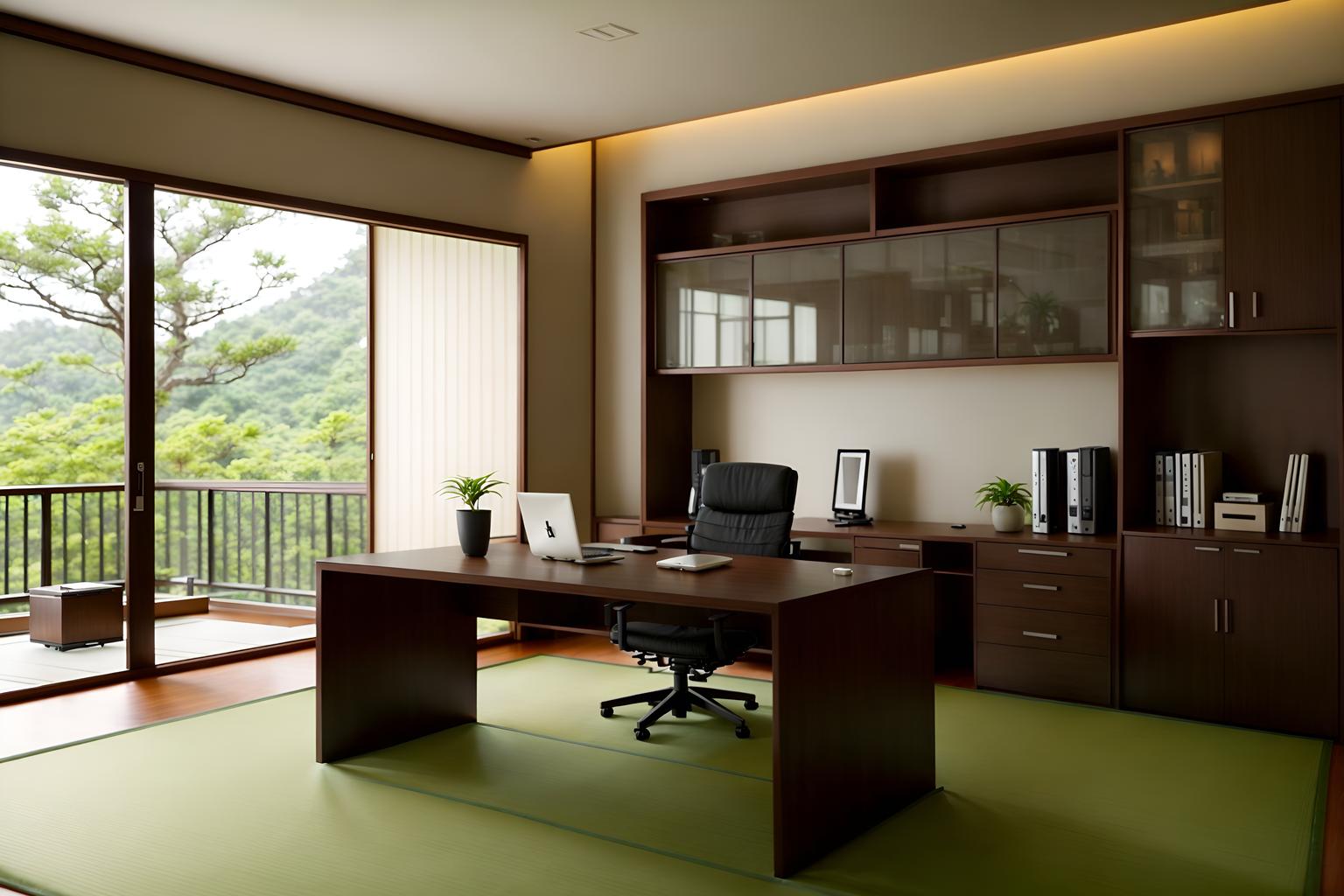 zen-style (home office interior) with desk lamp and cabinets and office chair and computer desk and plant and desk lamp. . with japanese minimalist interior and asian zen interior and simplicity and serenity and harmony and japanese minimalist interior and natural light and japanese minimalist interior and asian zen interior. . cinematic photo, highly detailed, cinematic lighting, ultra-detailed, ultrarealistic, photorealism, 8k. zen interior design style. masterpiece, cinematic light, ultrarealistic+, photorealistic+, 8k, raw photo, realistic, sharp focus on eyes, (symmetrical eyes), (intact eyes), hyperrealistic, highest quality, best quality, , highly detailed, masterpiece, best quality, extremely detailed 8k wallpaper, masterpiece, best quality, ultra-detailed, best shadow, detailed background, detailed face, detailed eyes, high contrast, best illumination, detailed face, dulux, caustic, dynamic angle, detailed glow. dramatic lighting. highly detailed, insanely detailed hair, symmetrical, intricate details, professionally retouched, 8k high definition. strong bokeh. award winning photo.