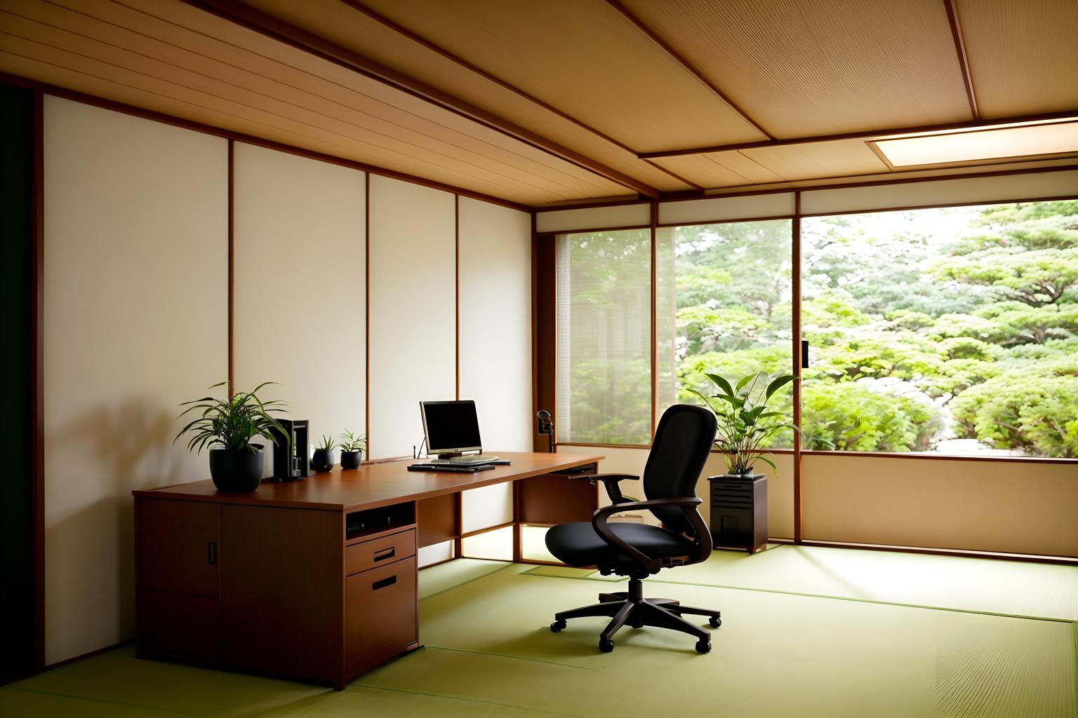 zen-style (home office interior) with desk lamp and cabinets and office chair and computer desk and plant and desk lamp. . with japanese minimalist interior and asian zen interior and simplicity and serenity and harmony and japanese minimalist interior and natural light and japanese minimalist interior and asian zen interior. . cinematic photo, highly detailed, cinematic lighting, ultra-detailed, ultrarealistic, photorealism, 8k. zen interior design style. masterpiece, cinematic light, ultrarealistic+, photorealistic+, 8k, raw photo, realistic, sharp focus on eyes, (symmetrical eyes), (intact eyes), hyperrealistic, highest quality, best quality, , highly detailed, masterpiece, best quality, extremely detailed 8k wallpaper, masterpiece, best quality, ultra-detailed, best shadow, detailed background, detailed face, detailed eyes, high contrast, best illumination, detailed face, dulux, caustic, dynamic angle, detailed glow. dramatic lighting. highly detailed, insanely detailed hair, symmetrical, intricate details, professionally retouched, 8k high definition. strong bokeh. award winning photo.