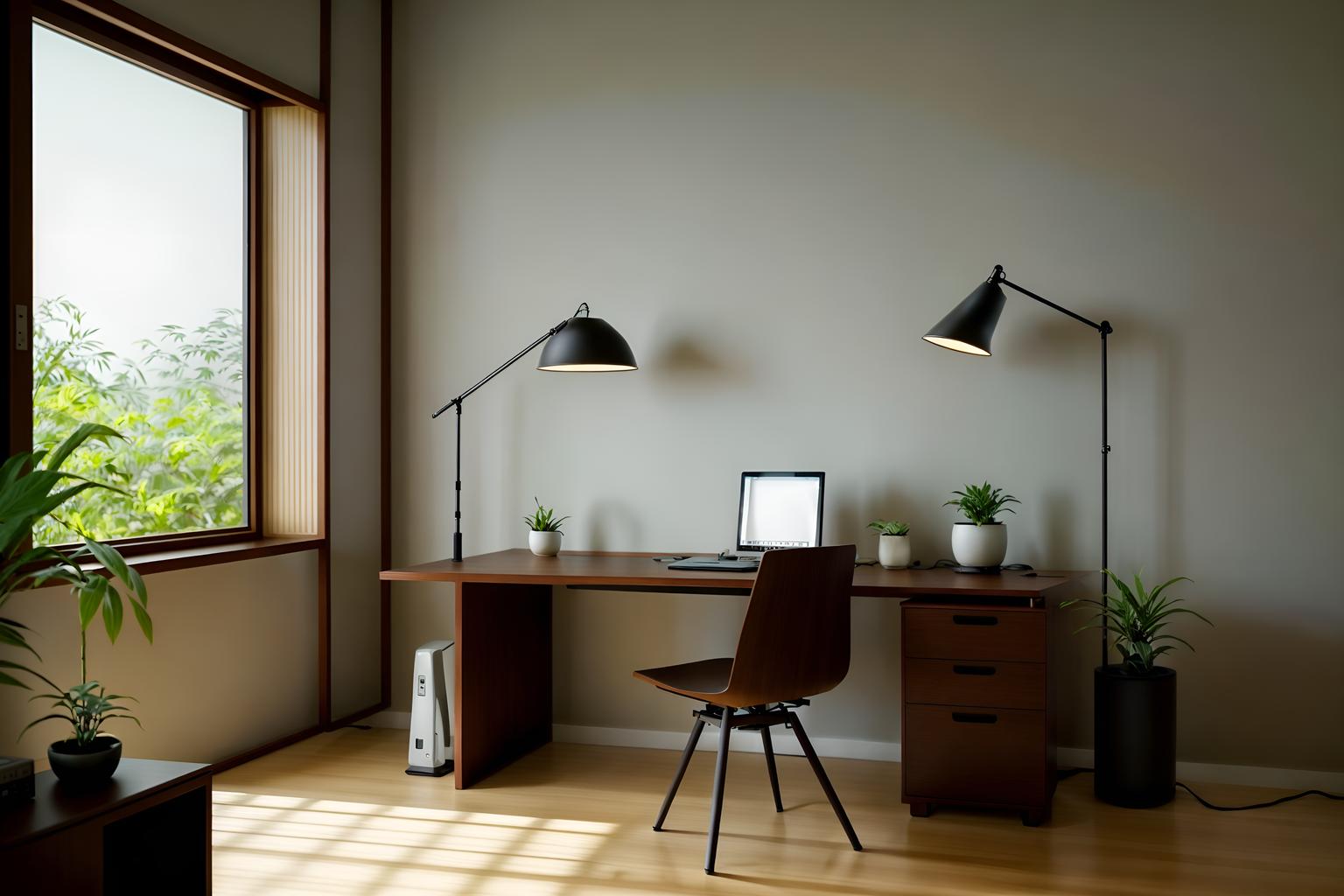 zen-style (home office interior) with desk lamp and cabinets and office chair and computer desk and plant and desk lamp. . with japanese minimalist interior and asian zen interior and simplicity and serenity and harmony and japanese minimalist interior and natural light and japanese minimalist interior and asian zen interior. . cinematic photo, highly detailed, cinematic lighting, ultra-detailed, ultrarealistic, photorealism, 8k. zen interior design style. masterpiece, cinematic light, ultrarealistic+, photorealistic+, 8k, raw photo, realistic, sharp focus on eyes, (symmetrical eyes), (intact eyes), hyperrealistic, highest quality, best quality, , highly detailed, masterpiece, best quality, extremely detailed 8k wallpaper, masterpiece, best quality, ultra-detailed, best shadow, detailed background, detailed face, detailed eyes, high contrast, best illumination, detailed face, dulux, caustic, dynamic angle, detailed glow. dramatic lighting. highly detailed, insanely detailed hair, symmetrical, intricate details, professionally retouched, 8k high definition. strong bokeh. award winning photo.