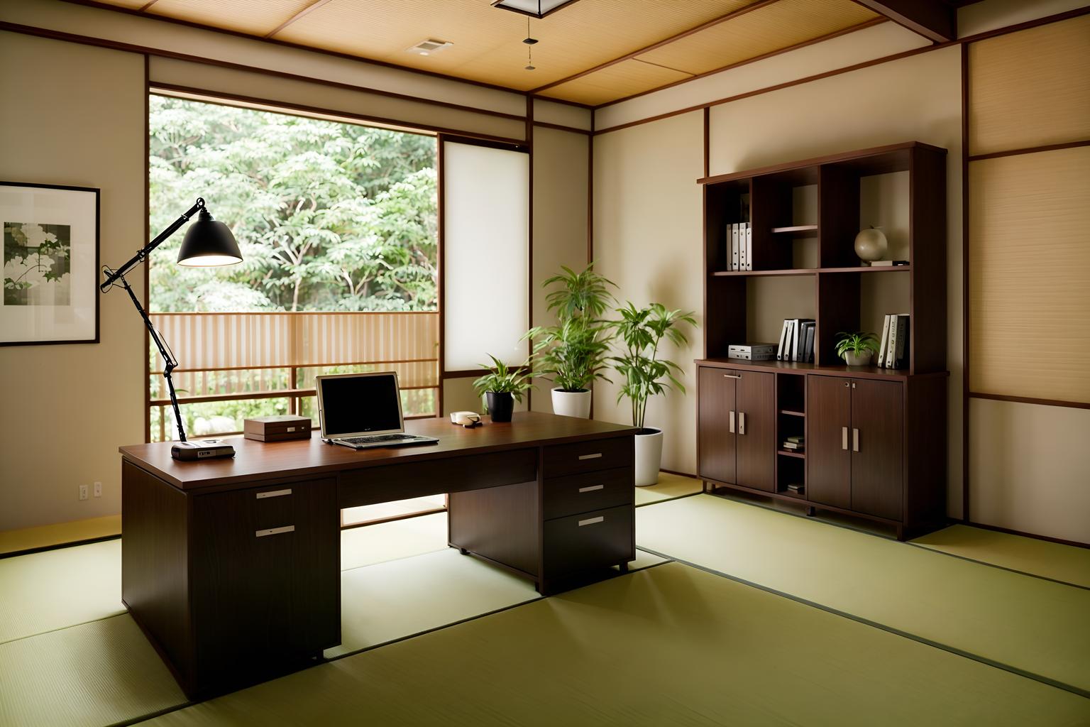 zen-style (home office interior) with desk lamp and cabinets and office chair and computer desk and plant and desk lamp. . with japanese minimalist interior and asian zen interior and simplicity and serenity and harmony and japanese minimalist interior and natural light and japanese minimalist interior and asian zen interior. . cinematic photo, highly detailed, cinematic lighting, ultra-detailed, ultrarealistic, photorealism, 8k. zen interior design style. masterpiece, cinematic light, ultrarealistic+, photorealistic+, 8k, raw photo, realistic, sharp focus on eyes, (symmetrical eyes), (intact eyes), hyperrealistic, highest quality, best quality, , highly detailed, masterpiece, best quality, extremely detailed 8k wallpaper, masterpiece, best quality, ultra-detailed, best shadow, detailed background, detailed face, detailed eyes, high contrast, best illumination, detailed face, dulux, caustic, dynamic angle, detailed glow. dramatic lighting. highly detailed, insanely detailed hair, symmetrical, intricate details, professionally retouched, 8k high definition. strong bokeh. award winning photo.