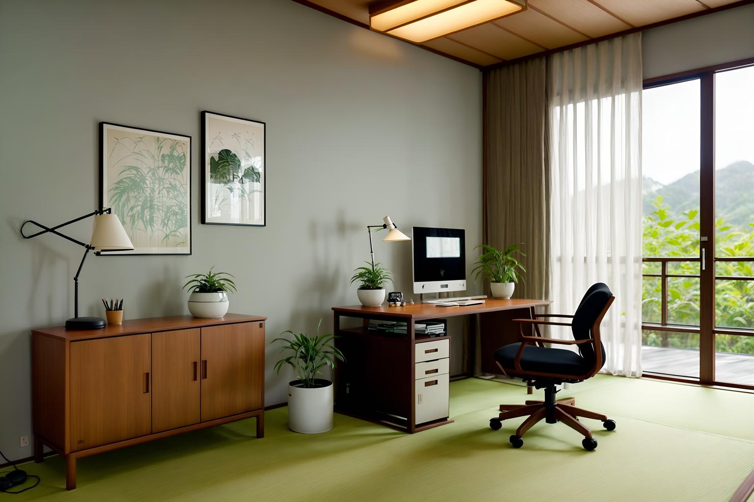 zen-style (home office interior) with desk lamp and cabinets and office chair and computer desk and plant and desk lamp. . with japanese minimalist interior and asian zen interior and simplicity and serenity and harmony and japanese minimalist interior and natural light and japanese minimalist interior and asian zen interior. . cinematic photo, highly detailed, cinematic lighting, ultra-detailed, ultrarealistic, photorealism, 8k. zen interior design style. masterpiece, cinematic light, ultrarealistic+, photorealistic+, 8k, raw photo, realistic, sharp focus on eyes, (symmetrical eyes), (intact eyes), hyperrealistic, highest quality, best quality, , highly detailed, masterpiece, best quality, extremely detailed 8k wallpaper, masterpiece, best quality, ultra-detailed, best shadow, detailed background, detailed face, detailed eyes, high contrast, best illumination, detailed face, dulux, caustic, dynamic angle, detailed glow. dramatic lighting. highly detailed, insanely detailed hair, symmetrical, intricate details, professionally retouched, 8k high definition. strong bokeh. award winning photo.