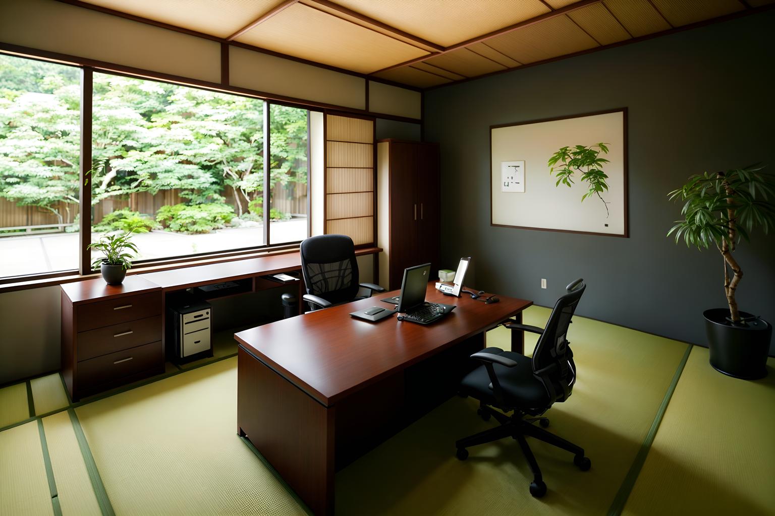 zen-style (home office interior) with desk lamp and cabinets and office chair and computer desk and plant and desk lamp. . with japanese minimalist interior and asian zen interior and simplicity and serenity and harmony and japanese minimalist interior and natural light and japanese minimalist interior and asian zen interior. . cinematic photo, highly detailed, cinematic lighting, ultra-detailed, ultrarealistic, photorealism, 8k. zen interior design style. masterpiece, cinematic light, ultrarealistic+, photorealistic+, 8k, raw photo, realistic, sharp focus on eyes, (symmetrical eyes), (intact eyes), hyperrealistic, highest quality, best quality, , highly detailed, masterpiece, best quality, extremely detailed 8k wallpaper, masterpiece, best quality, ultra-detailed, best shadow, detailed background, detailed face, detailed eyes, high contrast, best illumination, detailed face, dulux, caustic, dynamic angle, detailed glow. dramatic lighting. highly detailed, insanely detailed hair, symmetrical, intricate details, professionally retouched, 8k high definition. strong bokeh. award winning photo.