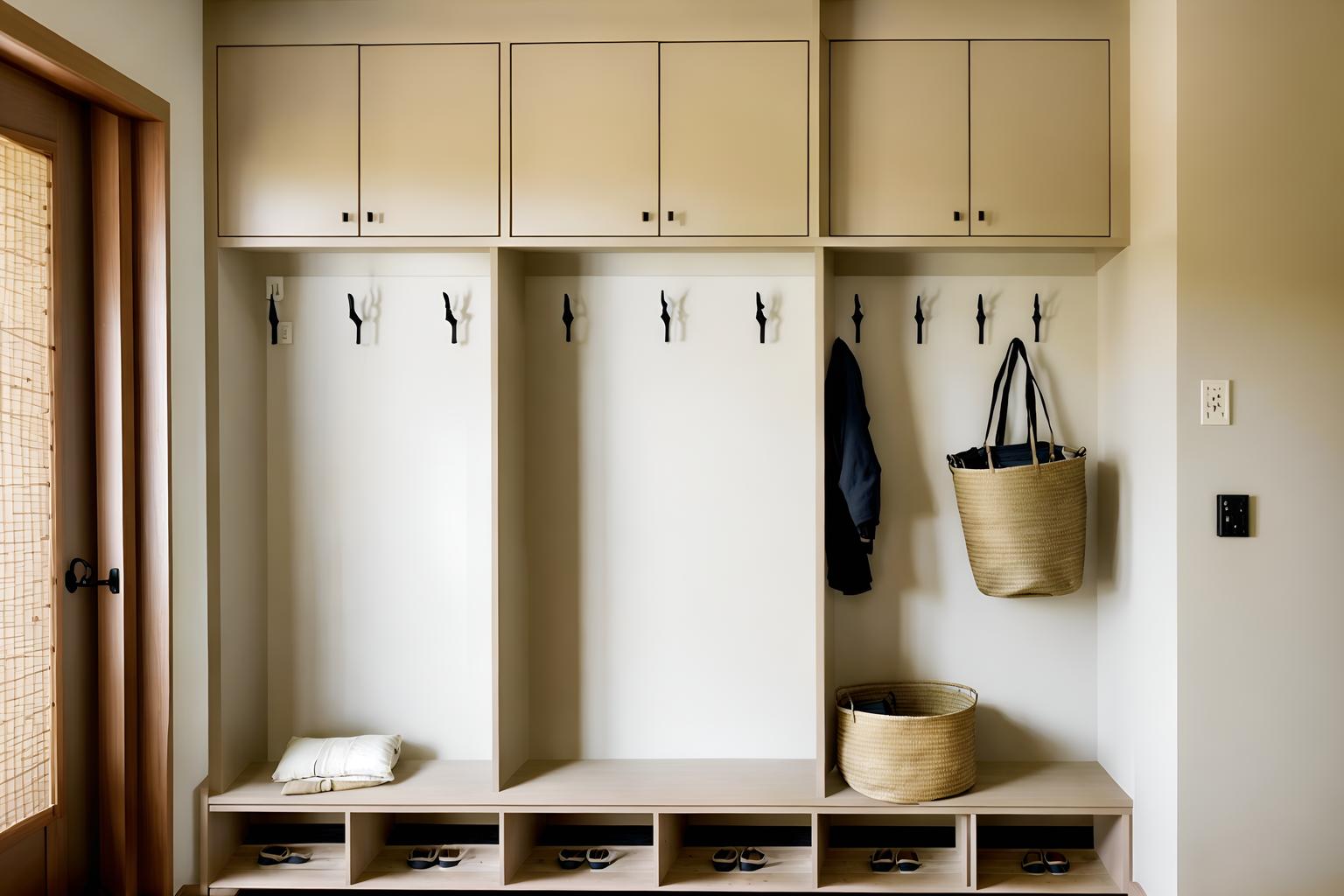 zen-style (mudroom interior) with storage baskets and wall hooks for coats and cabinets and shelves for shoes and storage drawers and cubbies and a bench and high up storage. . with asian zen interior and asian zen interior and japanese minimalist interior and serenity and harmony and simplicity and calm and neutral colors and japanese interior and japanese minimalist interior. . cinematic photo, highly detailed, cinematic lighting, ultra-detailed, ultrarealistic, photorealism, 8k. zen interior design style. masterpiece, cinematic light, ultrarealistic+, photorealistic+, 8k, raw photo, realistic, sharp focus on eyes, (symmetrical eyes), (intact eyes), hyperrealistic, highest quality, best quality, , highly detailed, masterpiece, best quality, extremely detailed 8k wallpaper, masterpiece, best quality, ultra-detailed, best shadow, detailed background, detailed face, detailed eyes, high contrast, best illumination, detailed face, dulux, caustic, dynamic angle, detailed glow. dramatic lighting. highly detailed, insanely detailed hair, symmetrical, intricate details, professionally retouched, 8k high definition. strong bokeh. award winning photo.