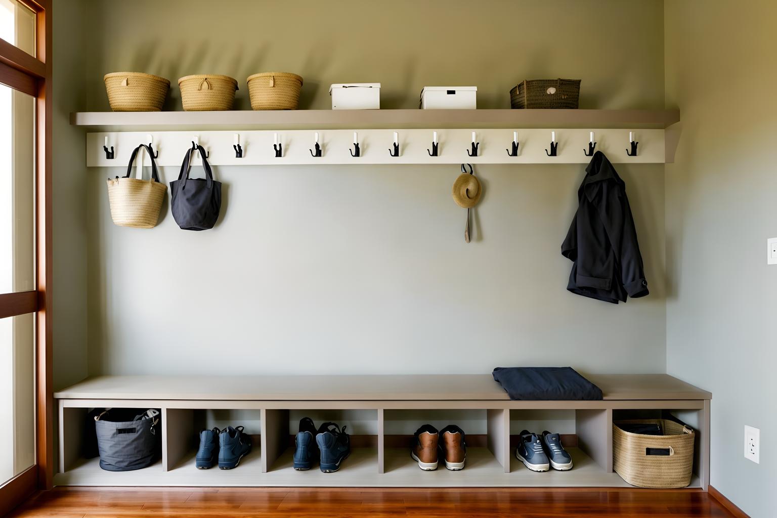 zen-style (mudroom interior) with storage baskets and wall hooks for coats and cabinets and shelves for shoes and storage drawers and cubbies and a bench and high up storage. . with asian zen interior and asian zen interior and japanese minimalist interior and serenity and harmony and simplicity and calm and neutral colors and japanese interior and japanese minimalist interior. . cinematic photo, highly detailed, cinematic lighting, ultra-detailed, ultrarealistic, photorealism, 8k. zen interior design style. masterpiece, cinematic light, ultrarealistic+, photorealistic+, 8k, raw photo, realistic, sharp focus on eyes, (symmetrical eyes), (intact eyes), hyperrealistic, highest quality, best quality, , highly detailed, masterpiece, best quality, extremely detailed 8k wallpaper, masterpiece, best quality, ultra-detailed, best shadow, detailed background, detailed face, detailed eyes, high contrast, best illumination, detailed face, dulux, caustic, dynamic angle, detailed glow. dramatic lighting. highly detailed, insanely detailed hair, symmetrical, intricate details, professionally retouched, 8k high definition. strong bokeh. award winning photo.