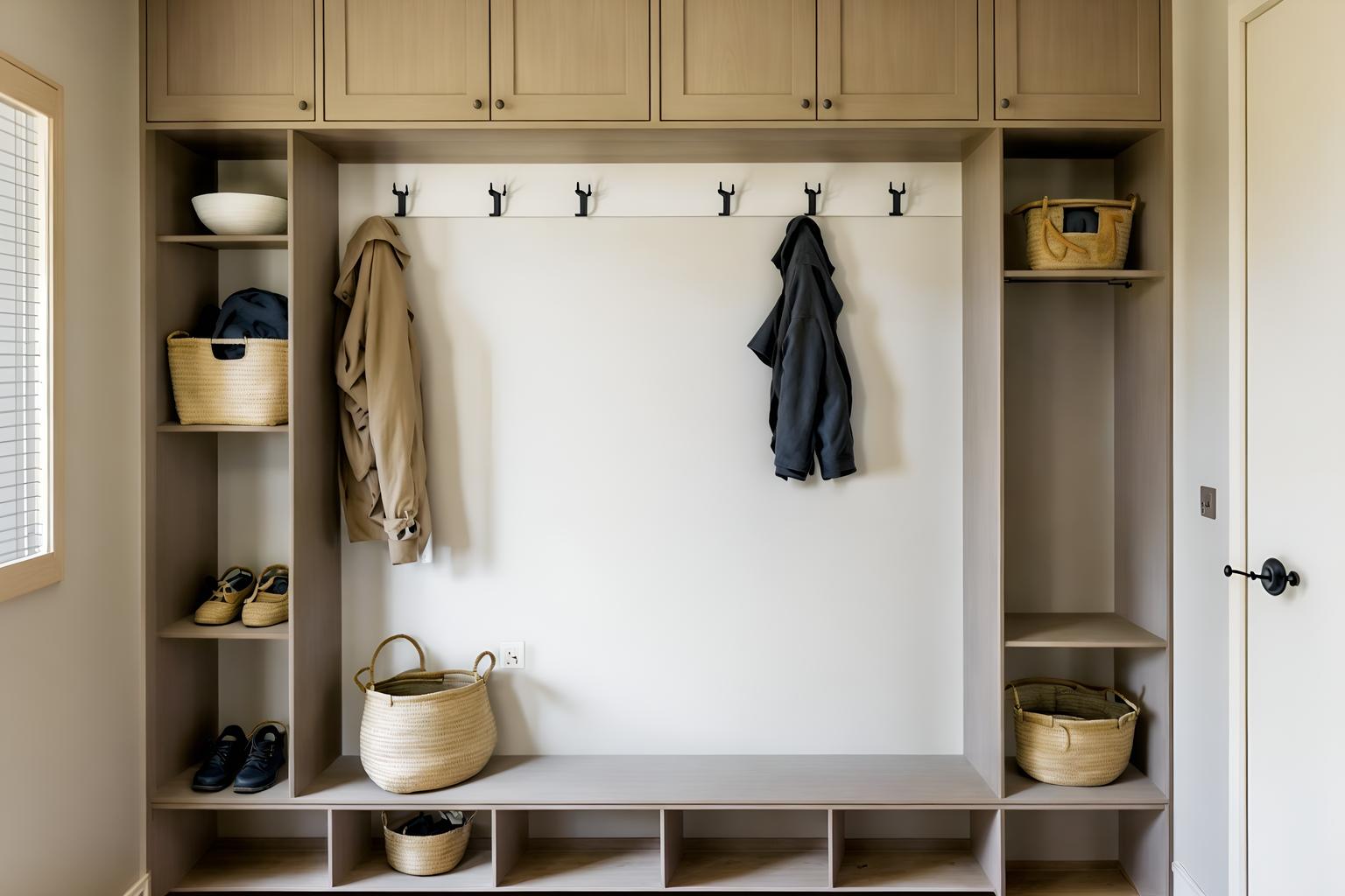 zen-style (mudroom interior) with storage baskets and wall hooks for coats and cabinets and shelves for shoes and storage drawers and cubbies and a bench and high up storage. . with asian zen interior and asian zen interior and japanese minimalist interior and serenity and harmony and simplicity and calm and neutral colors and japanese interior and japanese minimalist interior. . cinematic photo, highly detailed, cinematic lighting, ultra-detailed, ultrarealistic, photorealism, 8k. zen interior design style. masterpiece, cinematic light, ultrarealistic+, photorealistic+, 8k, raw photo, realistic, sharp focus on eyes, (symmetrical eyes), (intact eyes), hyperrealistic, highest quality, best quality, , highly detailed, masterpiece, best quality, extremely detailed 8k wallpaper, masterpiece, best quality, ultra-detailed, best shadow, detailed background, detailed face, detailed eyes, high contrast, best illumination, detailed face, dulux, caustic, dynamic angle, detailed glow. dramatic lighting. highly detailed, insanely detailed hair, symmetrical, intricate details, professionally retouched, 8k high definition. strong bokeh. award winning photo.