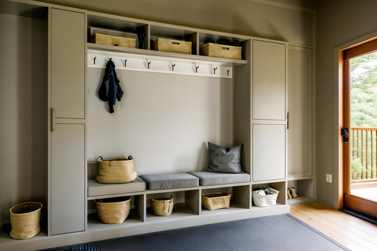 zen-style (mudroom interior) with storage baskets and wall hooks for coats and cabinets and shelves for shoes and storage drawers and cubbies and a bench and high up storage. . with asian zen interior and asian zen interior and japanese minimalist interior and serenity and harmony and simplicity and calm and neutral colors and japanese interior and japanese minimalist interior. . cinematic photo, highly detailed, cinematic lighting, ultra-detailed, ultrarealistic, photorealism, 8k. zen interior design style. masterpiece, cinematic light, ultrarealistic+, photorealistic+, 8k, raw photo, realistic, sharp focus on eyes, (symmetrical eyes), (intact eyes), hyperrealistic, highest quality, best quality, , highly detailed, masterpiece, best quality, extremely detailed 8k wallpaper, masterpiece, best quality, ultra-detailed, best shadow, detailed background, detailed face, detailed eyes, high contrast, best illumination, detailed face, dulux, caustic, dynamic angle, detailed glow. dramatic lighting. highly detailed, insanely detailed hair, symmetrical, intricate details, professionally retouched, 8k high definition. strong bokeh. award winning photo.