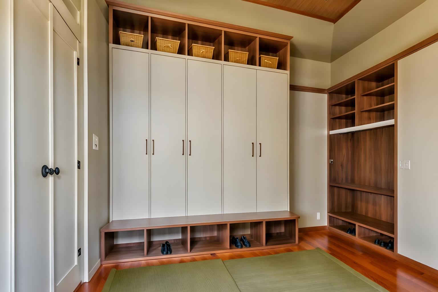 zen-style (mudroom interior) with storage baskets and wall hooks for coats and cabinets and shelves for shoes and storage drawers and cubbies and a bench and high up storage. . with asian zen interior and asian zen interior and japanese minimalist interior and serenity and harmony and simplicity and calm and neutral colors and japanese interior and japanese minimalist interior. . cinematic photo, highly detailed, cinematic lighting, ultra-detailed, ultrarealistic, photorealism, 8k. zen interior design style. masterpiece, cinematic light, ultrarealistic+, photorealistic+, 8k, raw photo, realistic, sharp focus on eyes, (symmetrical eyes), (intact eyes), hyperrealistic, highest quality, best quality, , highly detailed, masterpiece, best quality, extremely detailed 8k wallpaper, masterpiece, best quality, ultra-detailed, best shadow, detailed background, detailed face, detailed eyes, high contrast, best illumination, detailed face, dulux, caustic, dynamic angle, detailed glow. dramatic lighting. highly detailed, insanely detailed hair, symmetrical, intricate details, professionally retouched, 8k high definition. strong bokeh. award winning photo.