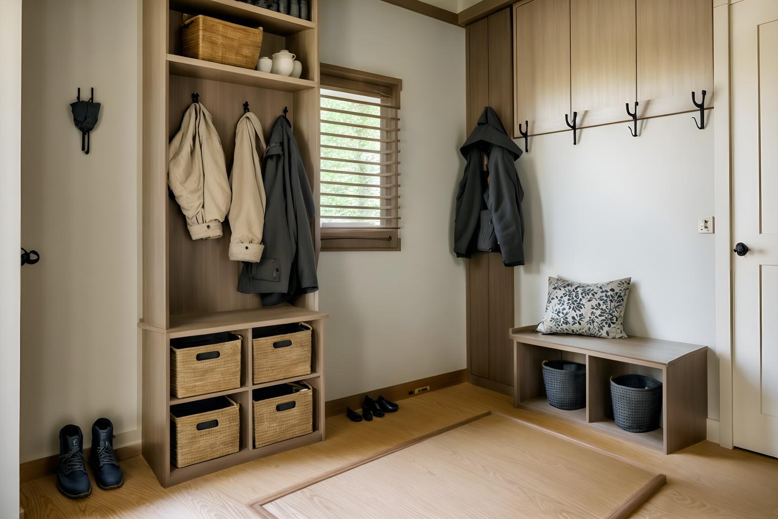 zen-style (mudroom interior) with storage baskets and wall hooks for coats and cabinets and shelves for shoes and storage drawers and cubbies and a bench and high up storage. . with asian zen interior and asian zen interior and japanese minimalist interior and serenity and harmony and simplicity and calm and neutral colors and japanese interior and japanese minimalist interior. . cinematic photo, highly detailed, cinematic lighting, ultra-detailed, ultrarealistic, photorealism, 8k. zen interior design style. masterpiece, cinematic light, ultrarealistic+, photorealistic+, 8k, raw photo, realistic, sharp focus on eyes, (symmetrical eyes), (intact eyes), hyperrealistic, highest quality, best quality, , highly detailed, masterpiece, best quality, extremely detailed 8k wallpaper, masterpiece, best quality, ultra-detailed, best shadow, detailed background, detailed face, detailed eyes, high contrast, best illumination, detailed face, dulux, caustic, dynamic angle, detailed glow. dramatic lighting. highly detailed, insanely detailed hair, symmetrical, intricate details, professionally retouched, 8k high definition. strong bokeh. award winning photo.