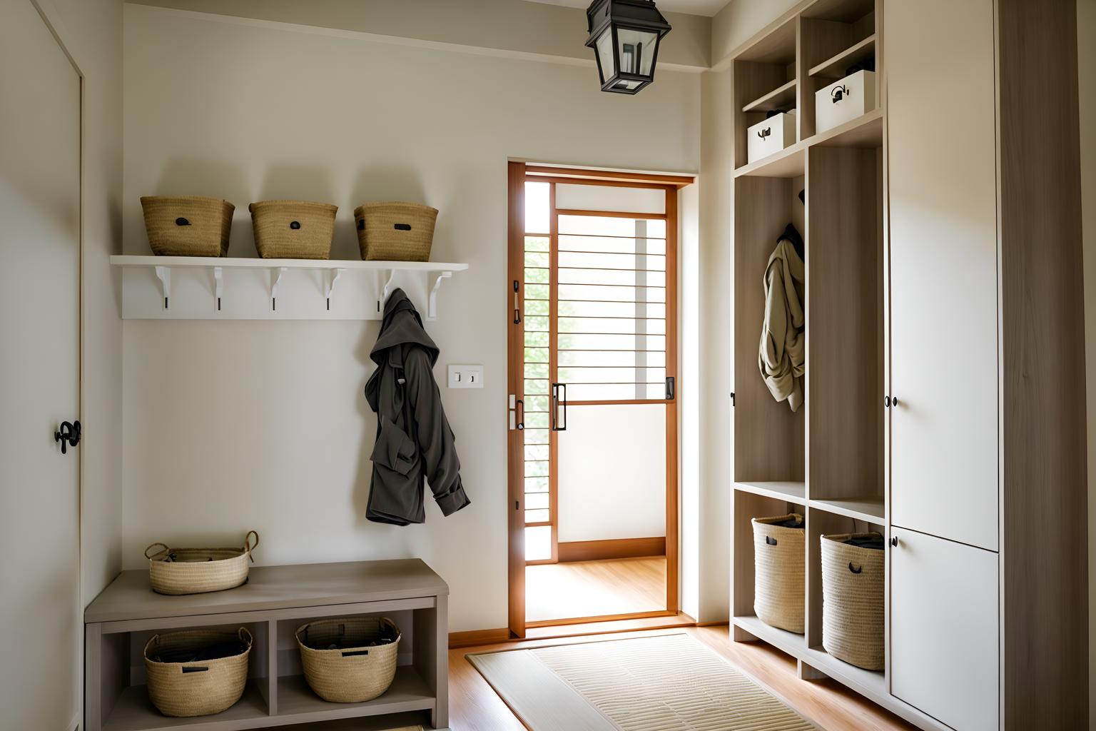 zen-style (mudroom interior) with storage baskets and wall hooks for coats and cabinets and shelves for shoes and storage drawers and cubbies and a bench and high up storage. . with asian zen interior and asian zen interior and japanese minimalist interior and serenity and harmony and simplicity and calm and neutral colors and japanese interior and japanese minimalist interior. . cinematic photo, highly detailed, cinematic lighting, ultra-detailed, ultrarealistic, photorealism, 8k. zen interior design style. masterpiece, cinematic light, ultrarealistic+, photorealistic+, 8k, raw photo, realistic, sharp focus on eyes, (symmetrical eyes), (intact eyes), hyperrealistic, highest quality, best quality, , highly detailed, masterpiece, best quality, extremely detailed 8k wallpaper, masterpiece, best quality, ultra-detailed, best shadow, detailed background, detailed face, detailed eyes, high contrast, best illumination, detailed face, dulux, caustic, dynamic angle, detailed glow. dramatic lighting. highly detailed, insanely detailed hair, symmetrical, intricate details, professionally retouched, 8k high definition. strong bokeh. award winning photo.