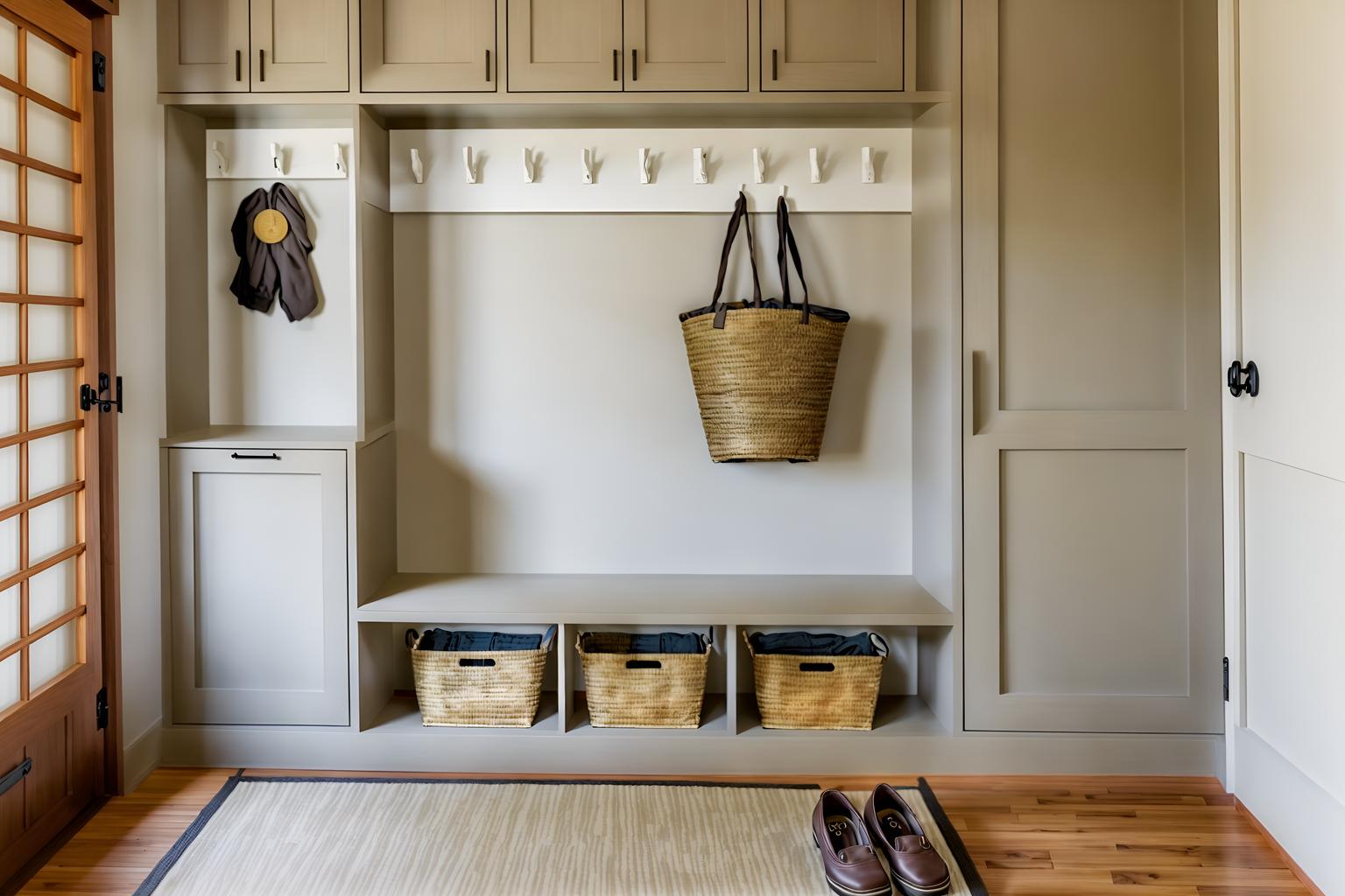 zen-style (mudroom interior) with storage baskets and wall hooks for coats and cabinets and shelves for shoes and storage drawers and cubbies and a bench and high up storage. . with asian zen interior and asian zen interior and japanese minimalist interior and serenity and harmony and simplicity and calm and neutral colors and japanese interior and japanese minimalist interior. . cinematic photo, highly detailed, cinematic lighting, ultra-detailed, ultrarealistic, photorealism, 8k. zen interior design style. masterpiece, cinematic light, ultrarealistic+, photorealistic+, 8k, raw photo, realistic, sharp focus on eyes, (symmetrical eyes), (intact eyes), hyperrealistic, highest quality, best quality, , highly detailed, masterpiece, best quality, extremely detailed 8k wallpaper, masterpiece, best quality, ultra-detailed, best shadow, detailed background, detailed face, detailed eyes, high contrast, best illumination, detailed face, dulux, caustic, dynamic angle, detailed glow. dramatic lighting. highly detailed, insanely detailed hair, symmetrical, intricate details, professionally retouched, 8k high definition. strong bokeh. award winning photo.