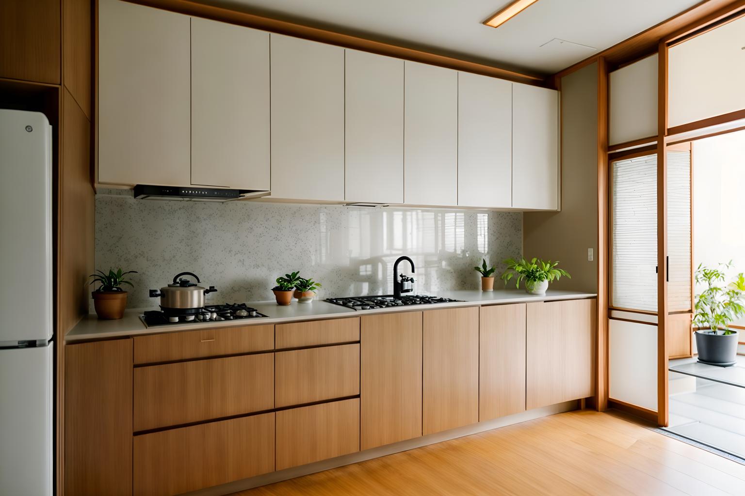 zen-style (kitchen interior) with stove and sink and worktops and plant and kitchen cabinets and refrigerator and stove. . with japanese minimalist interior and asian zen interior and calm and neutral colors and japanese minimalist interior and simplicity and simple furniture and japanese interior and asian zen interior. . cinematic photo, highly detailed, cinematic lighting, ultra-detailed, ultrarealistic, photorealism, 8k. zen interior design style. masterpiece, cinematic light, ultrarealistic+, photorealistic+, 8k, raw photo, realistic, sharp focus on eyes, (symmetrical eyes), (intact eyes), hyperrealistic, highest quality, best quality, , highly detailed, masterpiece, best quality, extremely detailed 8k wallpaper, masterpiece, best quality, ultra-detailed, best shadow, detailed background, detailed face, detailed eyes, high contrast, best illumination, detailed face, dulux, caustic, dynamic angle, detailed glow. dramatic lighting. highly detailed, insanely detailed hair, symmetrical, intricate details, professionally retouched, 8k high definition. strong bokeh. award winning photo.