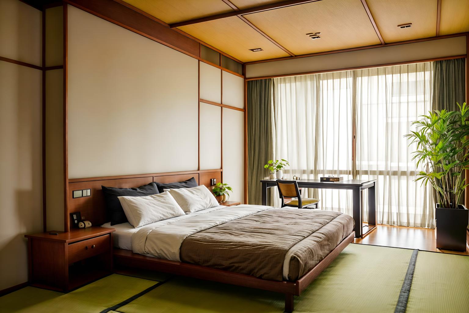 zen-style (hotel room interior) with accent chair and working desk with desk chair and dresser closet and storage bench or ottoman and mirror and bed and bedside table or night stand and plant. . with japanese minimalist interior and calm and neutral colors and asian zen interior and asian zen interior and asian interior and japanese minimalist interior and mimimalist and japanese interior. . cinematic photo, highly detailed, cinematic lighting, ultra-detailed, ultrarealistic, photorealism, 8k. zen interior design style. masterpiece, cinematic light, ultrarealistic+, photorealistic+, 8k, raw photo, realistic, sharp focus on eyes, (symmetrical eyes), (intact eyes), hyperrealistic, highest quality, best quality, , highly detailed, masterpiece, best quality, extremely detailed 8k wallpaper, masterpiece, best quality, ultra-detailed, best shadow, detailed background, detailed face, detailed eyes, high contrast, best illumination, detailed face, dulux, caustic, dynamic angle, detailed glow. dramatic lighting. highly detailed, insanely detailed hair, symmetrical, intricate details, professionally retouched, 8k high definition. strong bokeh. award winning photo.