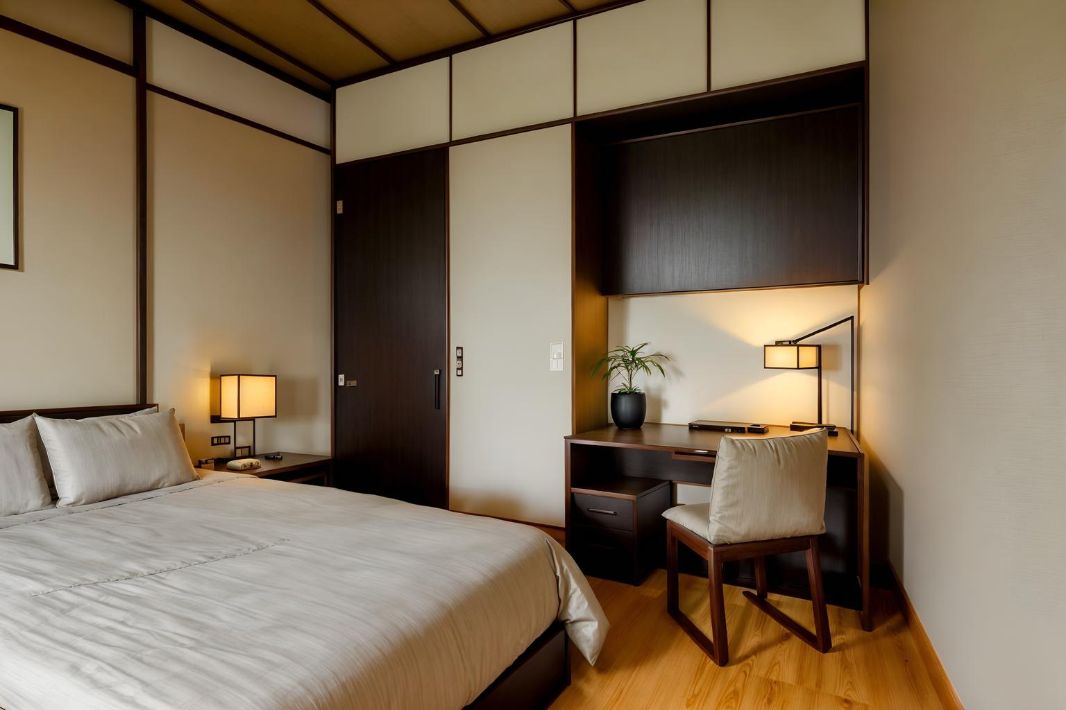 zen-style (hotel room interior) with accent chair and working desk with desk chair and dresser closet and storage bench or ottoman and mirror and bed and bedside table or night stand and plant. . with japanese minimalist interior and calm and neutral colors and asian zen interior and asian zen interior and asian interior and japanese minimalist interior and mimimalist and japanese interior. . cinematic photo, highly detailed, cinematic lighting, ultra-detailed, ultrarealistic, photorealism, 8k. zen interior design style. masterpiece, cinematic light, ultrarealistic+, photorealistic+, 8k, raw photo, realistic, sharp focus on eyes, (symmetrical eyes), (intact eyes), hyperrealistic, highest quality, best quality, , highly detailed, masterpiece, best quality, extremely detailed 8k wallpaper, masterpiece, best quality, ultra-detailed, best shadow, detailed background, detailed face, detailed eyes, high contrast, best illumination, detailed face, dulux, caustic, dynamic angle, detailed glow. dramatic lighting. highly detailed, insanely detailed hair, symmetrical, intricate details, professionally retouched, 8k high definition. strong bokeh. award winning photo.