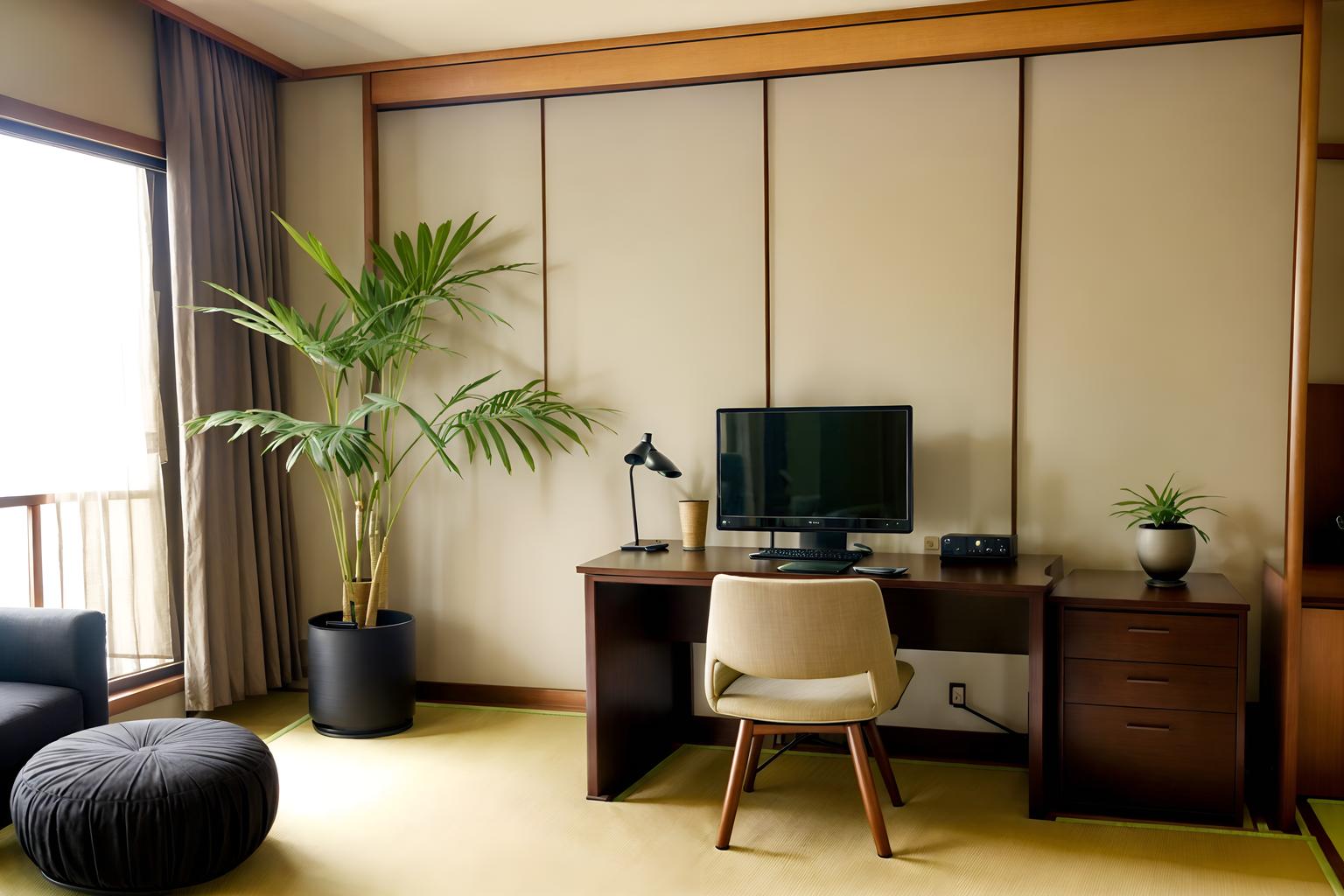zen-style (hotel room interior) with accent chair and working desk with desk chair and dresser closet and storage bench or ottoman and mirror and bed and bedside table or night stand and plant. . with japanese minimalist interior and calm and neutral colors and asian zen interior and asian zen interior and asian interior and japanese minimalist interior and mimimalist and japanese interior. . cinematic photo, highly detailed, cinematic lighting, ultra-detailed, ultrarealistic, photorealism, 8k. zen interior design style. masterpiece, cinematic light, ultrarealistic+, photorealistic+, 8k, raw photo, realistic, sharp focus on eyes, (symmetrical eyes), (intact eyes), hyperrealistic, highest quality, best quality, , highly detailed, masterpiece, best quality, extremely detailed 8k wallpaper, masterpiece, best quality, ultra-detailed, best shadow, detailed background, detailed face, detailed eyes, high contrast, best illumination, detailed face, dulux, caustic, dynamic angle, detailed glow. dramatic lighting. highly detailed, insanely detailed hair, symmetrical, intricate details, professionally retouched, 8k high definition. strong bokeh. award winning photo.