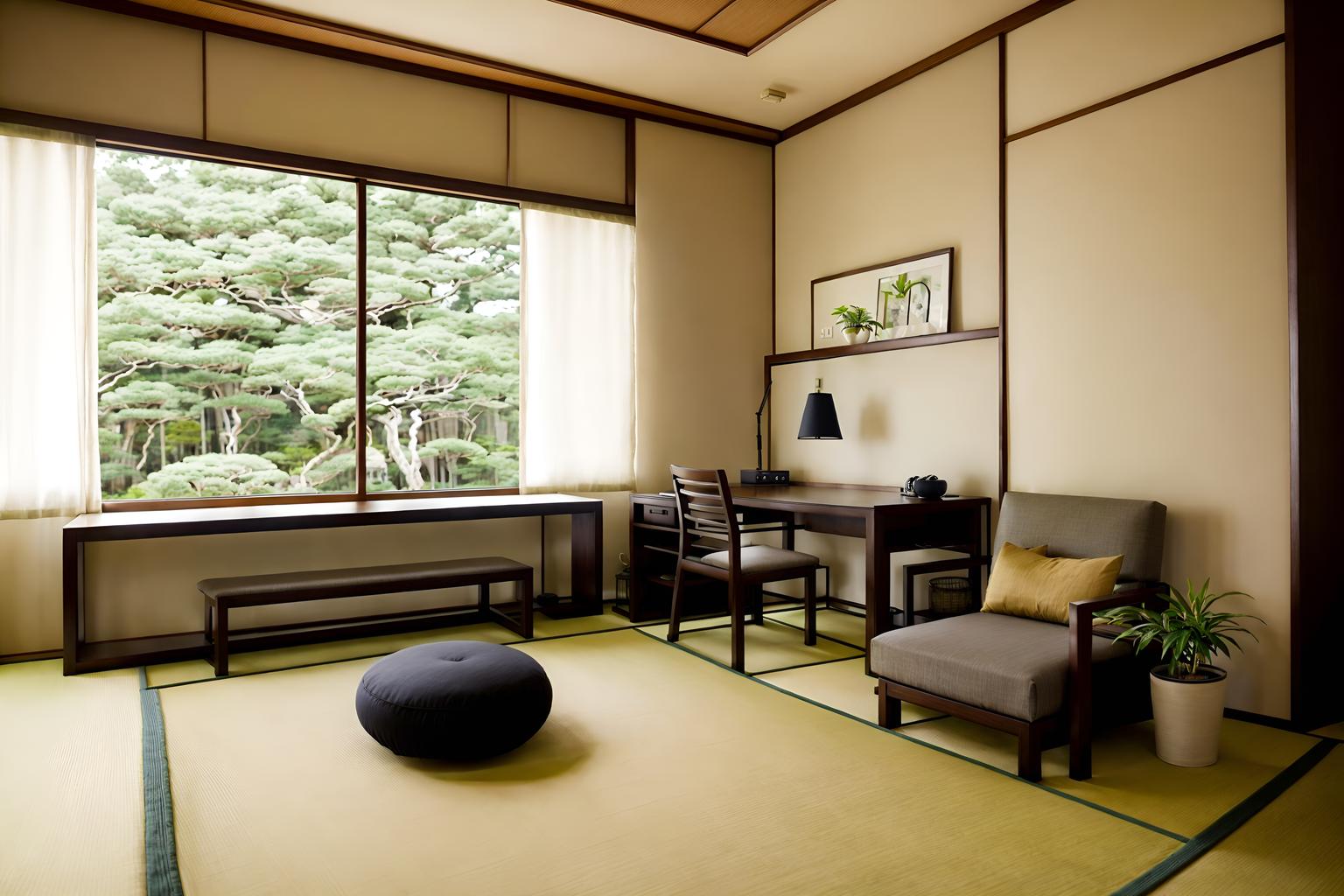 zen-style (hotel room interior) with accent chair and working desk with desk chair and dresser closet and storage bench or ottoman and mirror and bed and bedside table or night stand and plant. . with japanese minimalist interior and calm and neutral colors and asian zen interior and asian zen interior and asian interior and japanese minimalist interior and mimimalist and japanese interior. . cinematic photo, highly detailed, cinematic lighting, ultra-detailed, ultrarealistic, photorealism, 8k. zen interior design style. masterpiece, cinematic light, ultrarealistic+, photorealistic+, 8k, raw photo, realistic, sharp focus on eyes, (symmetrical eyes), (intact eyes), hyperrealistic, highest quality, best quality, , highly detailed, masterpiece, best quality, extremely detailed 8k wallpaper, masterpiece, best quality, ultra-detailed, best shadow, detailed background, detailed face, detailed eyes, high contrast, best illumination, detailed face, dulux, caustic, dynamic angle, detailed glow. dramatic lighting. highly detailed, insanely detailed hair, symmetrical, intricate details, professionally retouched, 8k high definition. strong bokeh. award winning photo.