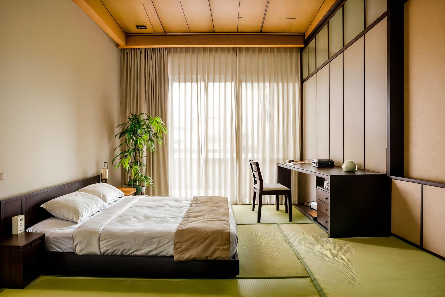 zen-style (hotel room interior) with accent chair and working desk with desk chair and dresser closet and storage bench or ottoman and mirror and bed and bedside table or night stand and plant. . with japanese minimalist interior and calm and neutral colors and asian zen interior and asian zen interior and asian interior and japanese minimalist interior and mimimalist and japanese interior. . cinematic photo, highly detailed, cinematic lighting, ultra-detailed, ultrarealistic, photorealism, 8k. zen interior design style. masterpiece, cinematic light, ultrarealistic+, photorealistic+, 8k, raw photo, realistic, sharp focus on eyes, (symmetrical eyes), (intact eyes), hyperrealistic, highest quality, best quality, , highly detailed, masterpiece, best quality, extremely detailed 8k wallpaper, masterpiece, best quality, ultra-detailed, best shadow, detailed background, detailed face, detailed eyes, high contrast, best illumination, detailed face, dulux, caustic, dynamic angle, detailed glow. dramatic lighting. highly detailed, insanely detailed hair, symmetrical, intricate details, professionally retouched, 8k high definition. strong bokeh. award winning photo.