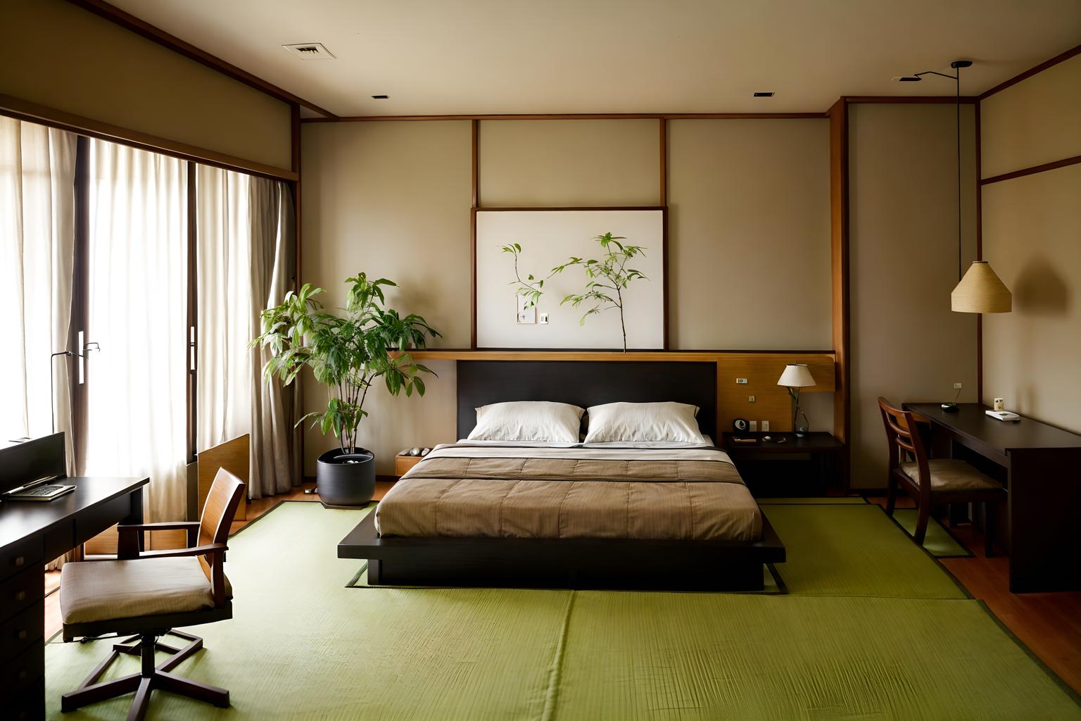 zen-style (hotel room interior) with accent chair and working desk with desk chair and dresser closet and storage bench or ottoman and mirror and bed and bedside table or night stand and plant. . with japanese minimalist interior and calm and neutral colors and asian zen interior and asian zen interior and asian interior and japanese minimalist interior and mimimalist and japanese interior. . cinematic photo, highly detailed, cinematic lighting, ultra-detailed, ultrarealistic, photorealism, 8k. zen interior design style. masterpiece, cinematic light, ultrarealistic+, photorealistic+, 8k, raw photo, realistic, sharp focus on eyes, (symmetrical eyes), (intact eyes), hyperrealistic, highest quality, best quality, , highly detailed, masterpiece, best quality, extremely detailed 8k wallpaper, masterpiece, best quality, ultra-detailed, best shadow, detailed background, detailed face, detailed eyes, high contrast, best illumination, detailed face, dulux, caustic, dynamic angle, detailed glow. dramatic lighting. highly detailed, insanely detailed hair, symmetrical, intricate details, professionally retouched, 8k high definition. strong bokeh. award winning photo.