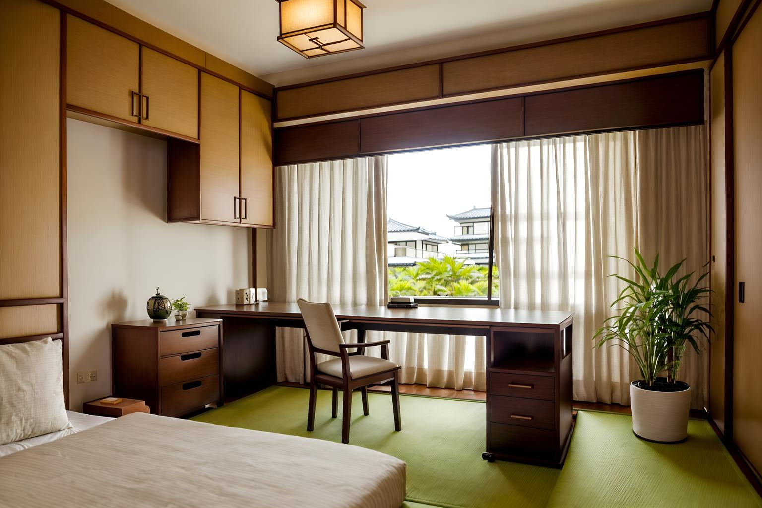 zen-style (hotel room interior) with accent chair and working desk with desk chair and dresser closet and storage bench or ottoman and mirror and bed and bedside table or night stand and plant. . with japanese minimalist interior and calm and neutral colors and asian zen interior and asian zen interior and asian interior and japanese minimalist interior and mimimalist and japanese interior. . cinematic photo, highly detailed, cinematic lighting, ultra-detailed, ultrarealistic, photorealism, 8k. zen interior design style. masterpiece, cinematic light, ultrarealistic+, photorealistic+, 8k, raw photo, realistic, sharp focus on eyes, (symmetrical eyes), (intact eyes), hyperrealistic, highest quality, best quality, , highly detailed, masterpiece, best quality, extremely detailed 8k wallpaper, masterpiece, best quality, ultra-detailed, best shadow, detailed background, detailed face, detailed eyes, high contrast, best illumination, detailed face, dulux, caustic, dynamic angle, detailed glow. dramatic lighting. highly detailed, insanely detailed hair, symmetrical, intricate details, professionally retouched, 8k high definition. strong bokeh. award winning photo.