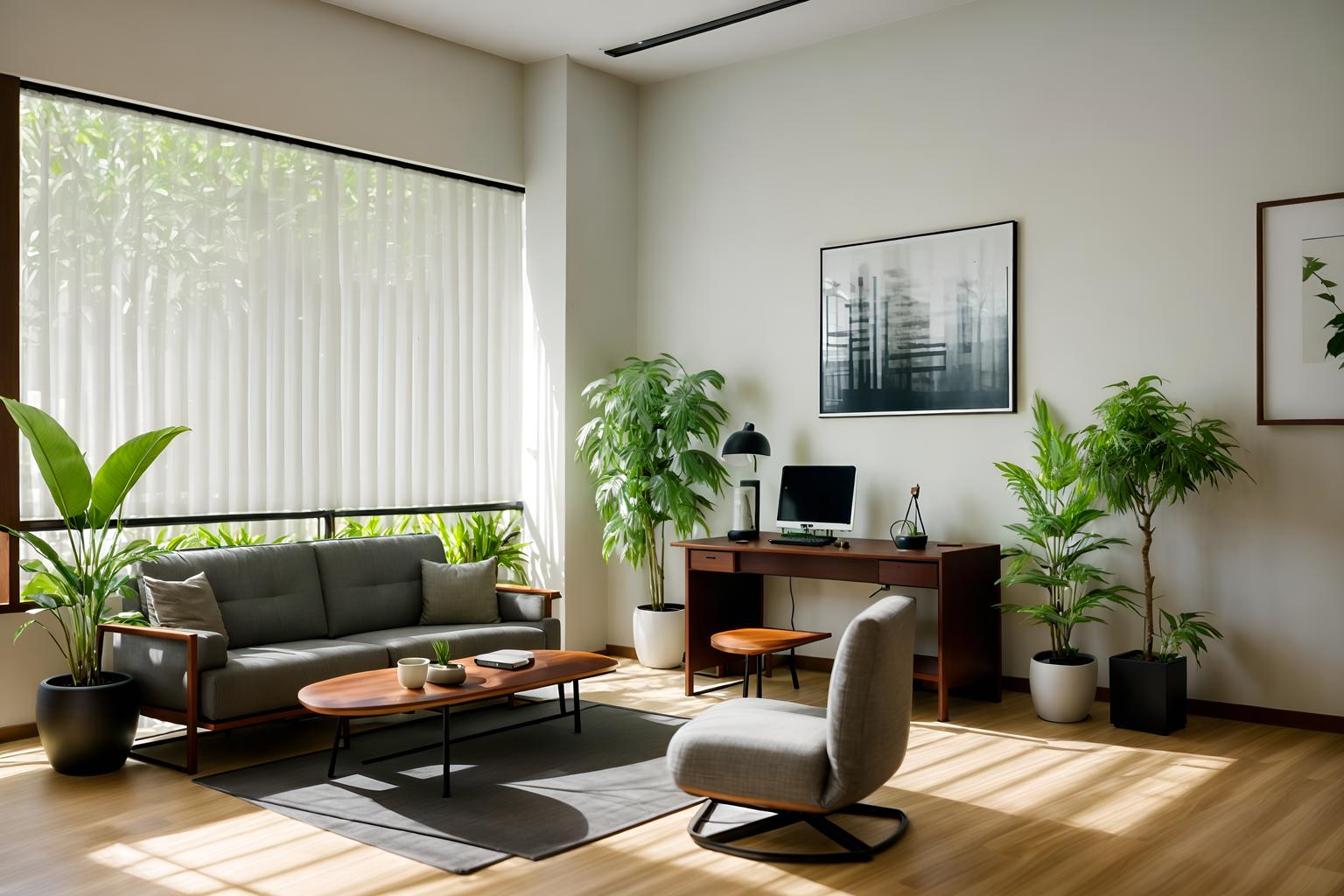 zen-style (office interior) with seating area with sofa and plants and desk lamps and office chairs and lounge chairs and office desks and computer desks and windows. . with natural light and natural textures and clean lines and asian zen interior and asian zen interior and asian interior and japanese minimalist interior and simple furniture. . cinematic photo, highly detailed, cinematic lighting, ultra-detailed, ultrarealistic, photorealism, 8k. zen interior design style. masterpiece, cinematic light, ultrarealistic+, photorealistic+, 8k, raw photo, realistic, sharp focus on eyes, (symmetrical eyes), (intact eyes), hyperrealistic, highest quality, best quality, , highly detailed, masterpiece, best quality, extremely detailed 8k wallpaper, masterpiece, best quality, ultra-detailed, best shadow, detailed background, detailed face, detailed eyes, high contrast, best illumination, detailed face, dulux, caustic, dynamic angle, detailed glow. dramatic lighting. highly detailed, insanely detailed hair, symmetrical, intricate details, professionally retouched, 8k high definition. strong bokeh. award winning photo.
