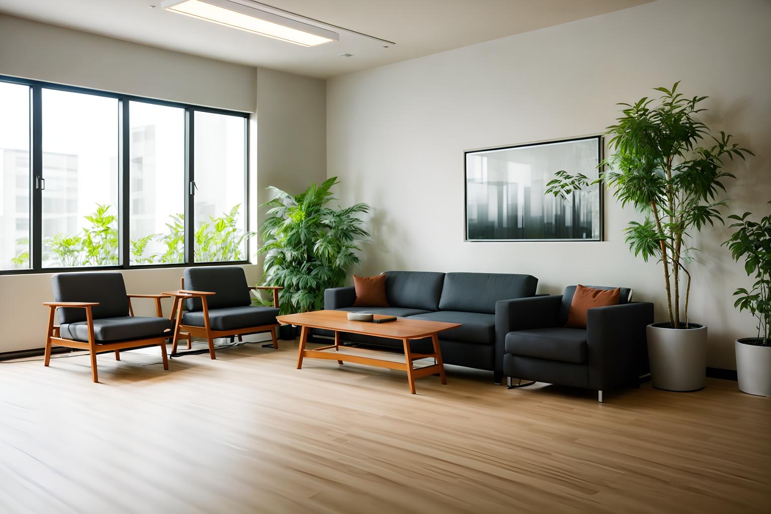 zen-style (office interior) with seating area with sofa and plants and desk lamps and office chairs and lounge chairs and office desks and computer desks and windows. . with natural light and natural textures and clean lines and asian zen interior and asian zen interior and asian interior and japanese minimalist interior and simple furniture. . cinematic photo, highly detailed, cinematic lighting, ultra-detailed, ultrarealistic, photorealism, 8k. zen interior design style. masterpiece, cinematic light, ultrarealistic+, photorealistic+, 8k, raw photo, realistic, sharp focus on eyes, (symmetrical eyes), (intact eyes), hyperrealistic, highest quality, best quality, , highly detailed, masterpiece, best quality, extremely detailed 8k wallpaper, masterpiece, best quality, ultra-detailed, best shadow, detailed background, detailed face, detailed eyes, high contrast, best illumination, detailed face, dulux, caustic, dynamic angle, detailed glow. dramatic lighting. highly detailed, insanely detailed hair, symmetrical, intricate details, professionally retouched, 8k high definition. strong bokeh. award winning photo.