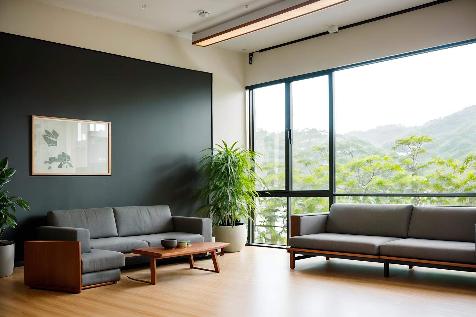 zen-style (office interior) with seating area with sofa and plants and desk lamps and office chairs and lounge chairs and office desks and computer desks and windows. . with natural light and natural textures and clean lines and asian zen interior and asian zen interior and asian interior and japanese minimalist interior and simple furniture. . cinematic photo, highly detailed, cinematic lighting, ultra-detailed, ultrarealistic, photorealism, 8k. zen interior design style. masterpiece, cinematic light, ultrarealistic+, photorealistic+, 8k, raw photo, realistic, sharp focus on eyes, (symmetrical eyes), (intact eyes), hyperrealistic, highest quality, best quality, , highly detailed, masterpiece, best quality, extremely detailed 8k wallpaper, masterpiece, best quality, ultra-detailed, best shadow, detailed background, detailed face, detailed eyes, high contrast, best illumination, detailed face, dulux, caustic, dynamic angle, detailed glow. dramatic lighting. highly detailed, insanely detailed hair, symmetrical, intricate details, professionally retouched, 8k high definition. strong bokeh. award winning photo.