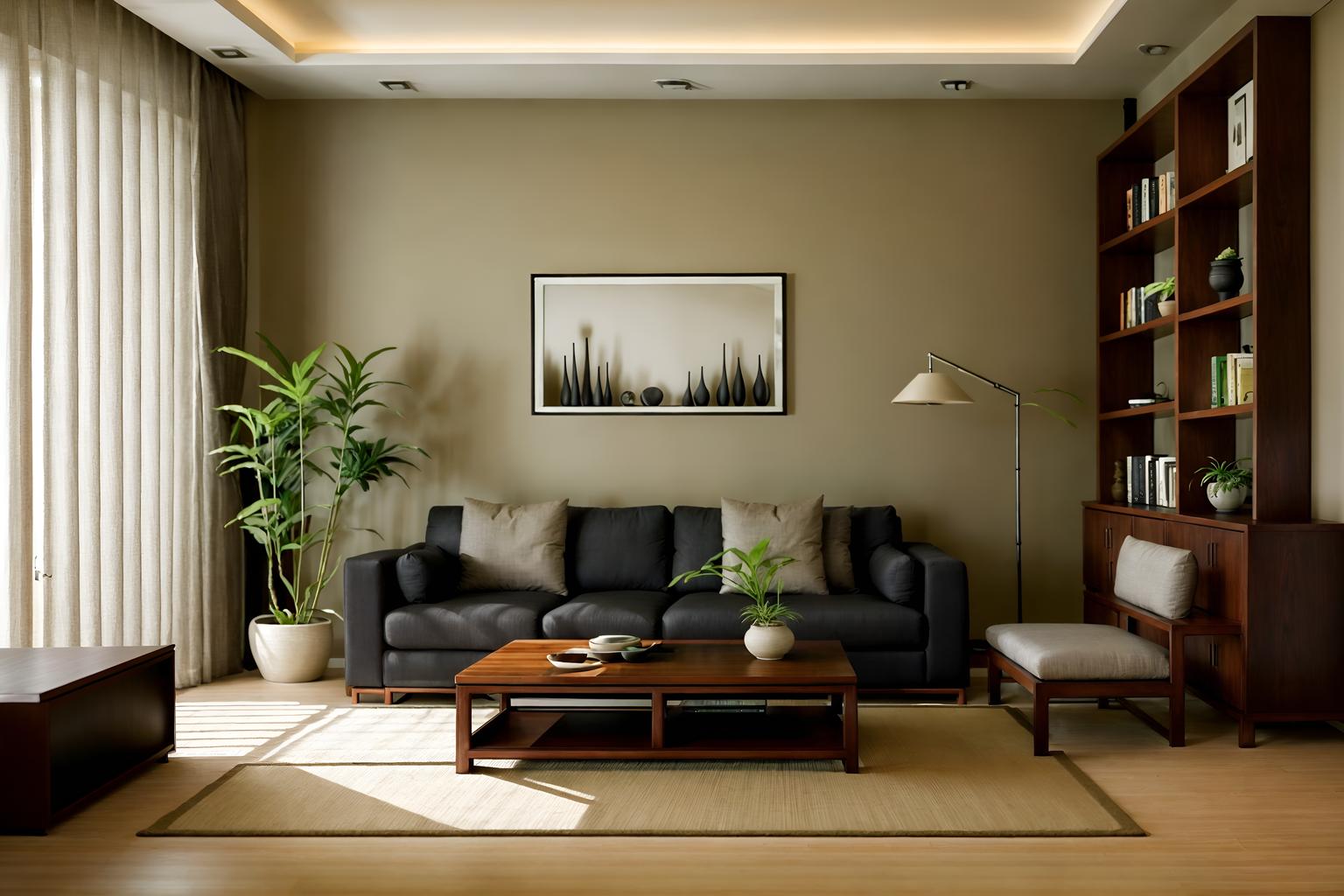 zen-style (living room interior) with furniture and bookshelves and occasional tables and coffee tables and sofa and electric lamps and plant and televisions. . with asian interior and calm and neutral colors and asian zen interior and serenity and harmony and natural textures and clean lines and japanese minimalist interior and simplicity. . cinematic photo, highly detailed, cinematic lighting, ultra-detailed, ultrarealistic, photorealism, 8k. zen interior design style. masterpiece, cinematic light, ultrarealistic+, photorealistic+, 8k, raw photo, realistic, sharp focus on eyes, (symmetrical eyes), (intact eyes), hyperrealistic, highest quality, best quality, , highly detailed, masterpiece, best quality, extremely detailed 8k wallpaper, masterpiece, best quality, ultra-detailed, best shadow, detailed background, detailed face, detailed eyes, high contrast, best illumination, detailed face, dulux, caustic, dynamic angle, detailed glow. dramatic lighting. highly detailed, insanely detailed hair, symmetrical, intricate details, professionally retouched, 8k high definition. strong bokeh. award winning photo.