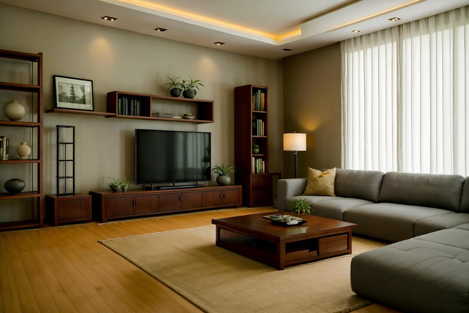 zen-style (living room interior) with furniture and bookshelves and occasional tables and coffee tables and sofa and electric lamps and plant and televisions. . with asian interior and calm and neutral colors and asian zen interior and serenity and harmony and natural textures and clean lines and japanese minimalist interior and simplicity. . cinematic photo, highly detailed, cinematic lighting, ultra-detailed, ultrarealistic, photorealism, 8k. zen interior design style. masterpiece, cinematic light, ultrarealistic+, photorealistic+, 8k, raw photo, realistic, sharp focus on eyes, (symmetrical eyes), (intact eyes), hyperrealistic, highest quality, best quality, , highly detailed, masterpiece, best quality, extremely detailed 8k wallpaper, masterpiece, best quality, ultra-detailed, best shadow, detailed background, detailed face, detailed eyes, high contrast, best illumination, detailed face, dulux, caustic, dynamic angle, detailed glow. dramatic lighting. highly detailed, insanely detailed hair, symmetrical, intricate details, professionally retouched, 8k high definition. strong bokeh. award winning photo.