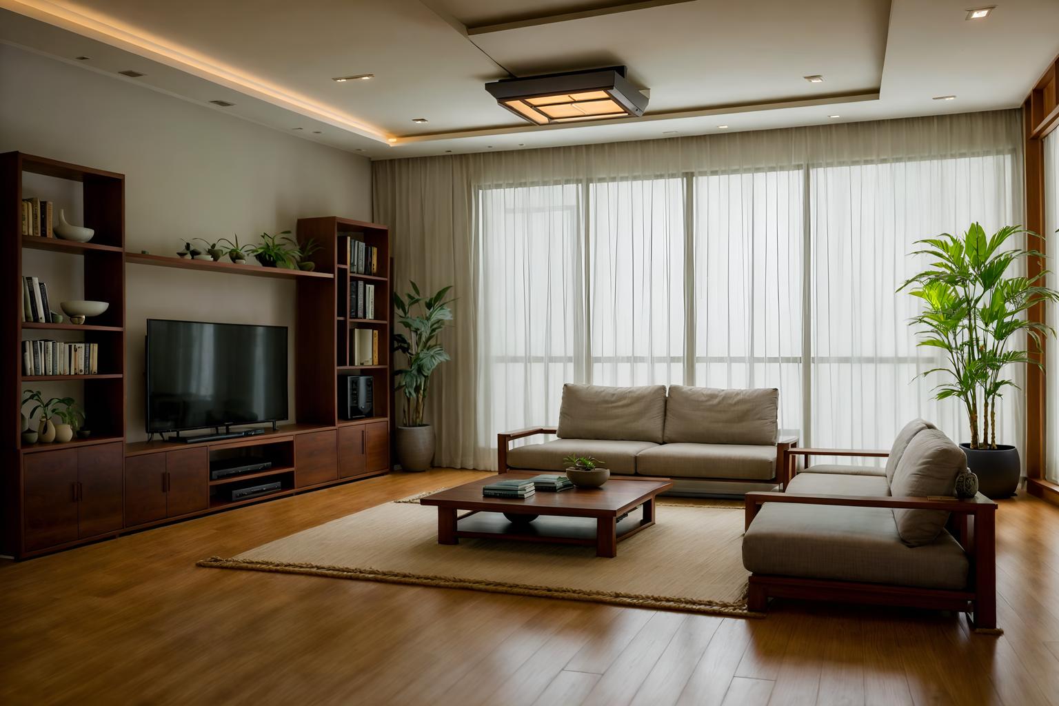 zen-style (living room interior) with furniture and bookshelves and occasional tables and coffee tables and sofa and electric lamps and plant and televisions. . with asian interior and calm and neutral colors and asian zen interior and serenity and harmony and natural textures and clean lines and japanese minimalist interior and simplicity. . cinematic photo, highly detailed, cinematic lighting, ultra-detailed, ultrarealistic, photorealism, 8k. zen interior design style. masterpiece, cinematic light, ultrarealistic+, photorealistic+, 8k, raw photo, realistic, sharp focus on eyes, (symmetrical eyes), (intact eyes), hyperrealistic, highest quality, best quality, , highly detailed, masterpiece, best quality, extremely detailed 8k wallpaper, masterpiece, best quality, ultra-detailed, best shadow, detailed background, detailed face, detailed eyes, high contrast, best illumination, detailed face, dulux, caustic, dynamic angle, detailed glow. dramatic lighting. highly detailed, insanely detailed hair, symmetrical, intricate details, professionally retouched, 8k high definition. strong bokeh. award winning photo.