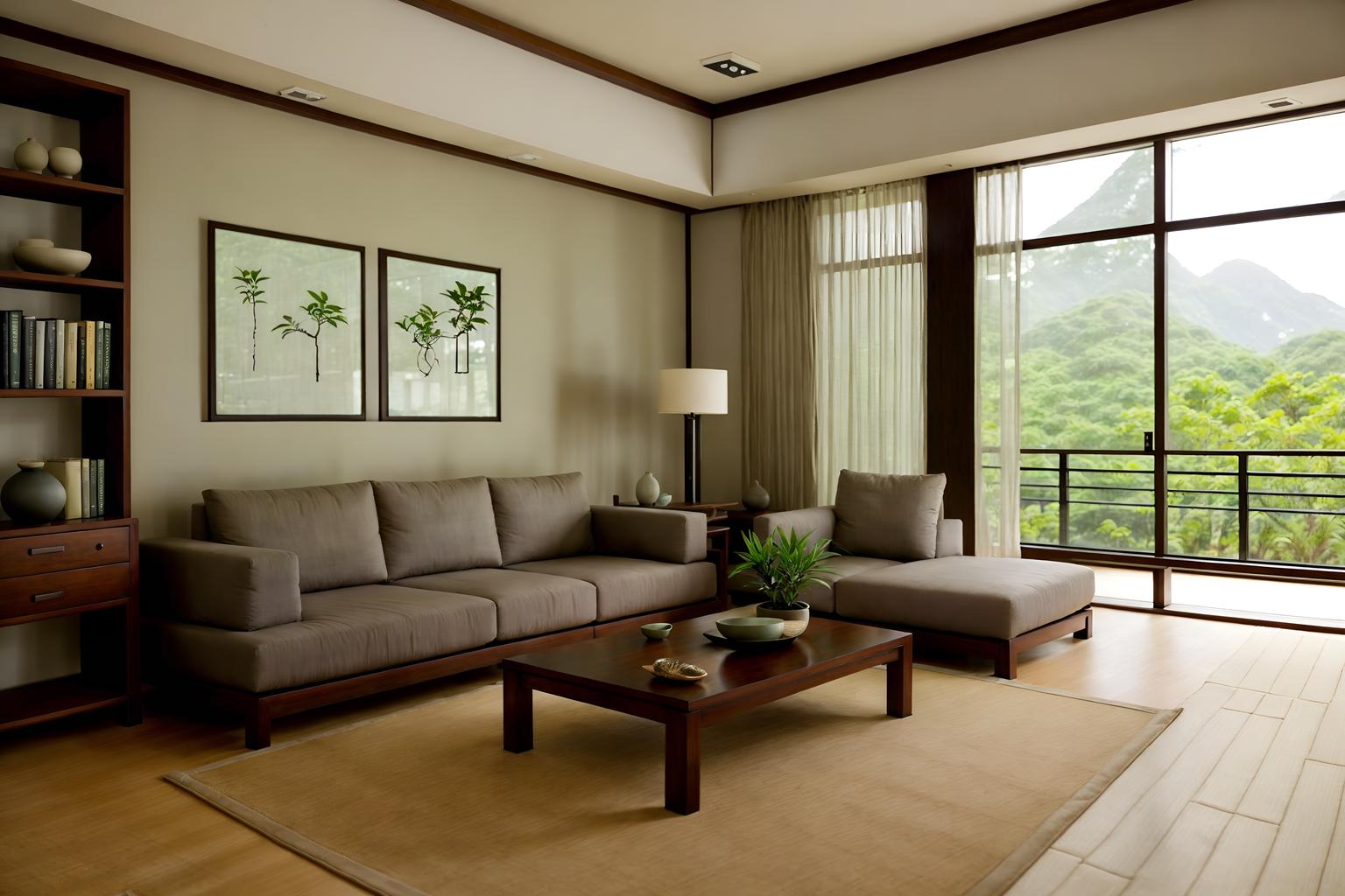 zen-style (living room interior) with furniture and bookshelves and occasional tables and coffee tables and sofa and electric lamps and plant and televisions. . with asian interior and calm and neutral colors and asian zen interior and serenity and harmony and natural textures and clean lines and japanese minimalist interior and simplicity. . cinematic photo, highly detailed, cinematic lighting, ultra-detailed, ultrarealistic, photorealism, 8k. zen interior design style. masterpiece, cinematic light, ultrarealistic+, photorealistic+, 8k, raw photo, realistic, sharp focus on eyes, (symmetrical eyes), (intact eyes), hyperrealistic, highest quality, best quality, , highly detailed, masterpiece, best quality, extremely detailed 8k wallpaper, masterpiece, best quality, ultra-detailed, best shadow, detailed background, detailed face, detailed eyes, high contrast, best illumination, detailed face, dulux, caustic, dynamic angle, detailed glow. dramatic lighting. highly detailed, insanely detailed hair, symmetrical, intricate details, professionally retouched, 8k high definition. strong bokeh. award winning photo.