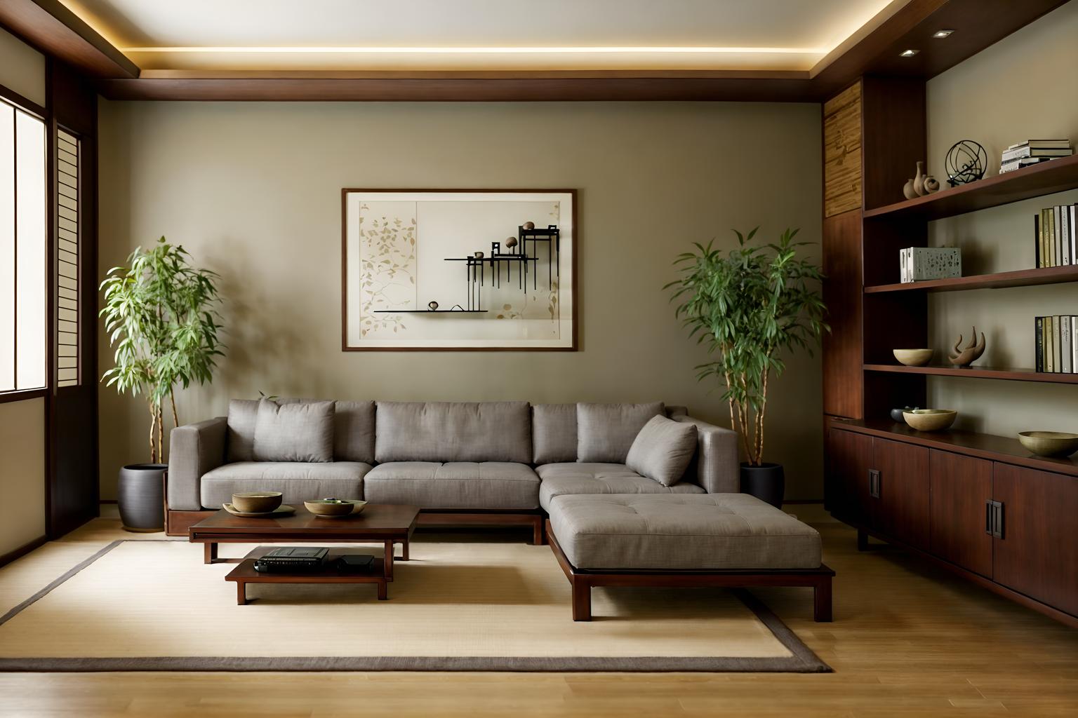 zen-style (living room interior) with furniture and bookshelves and occasional tables and coffee tables and sofa and electric lamps and plant and televisions. . with asian interior and calm and neutral colors and asian zen interior and serenity and harmony and natural textures and clean lines and japanese minimalist interior and simplicity. . cinematic photo, highly detailed, cinematic lighting, ultra-detailed, ultrarealistic, photorealism, 8k. zen interior design style. masterpiece, cinematic light, ultrarealistic+, photorealistic+, 8k, raw photo, realistic, sharp focus on eyes, (symmetrical eyes), (intact eyes), hyperrealistic, highest quality, best quality, , highly detailed, masterpiece, best quality, extremely detailed 8k wallpaper, masterpiece, best quality, ultra-detailed, best shadow, detailed background, detailed face, detailed eyes, high contrast, best illumination, detailed face, dulux, caustic, dynamic angle, detailed glow. dramatic lighting. highly detailed, insanely detailed hair, symmetrical, intricate details, professionally retouched, 8k high definition. strong bokeh. award winning photo.