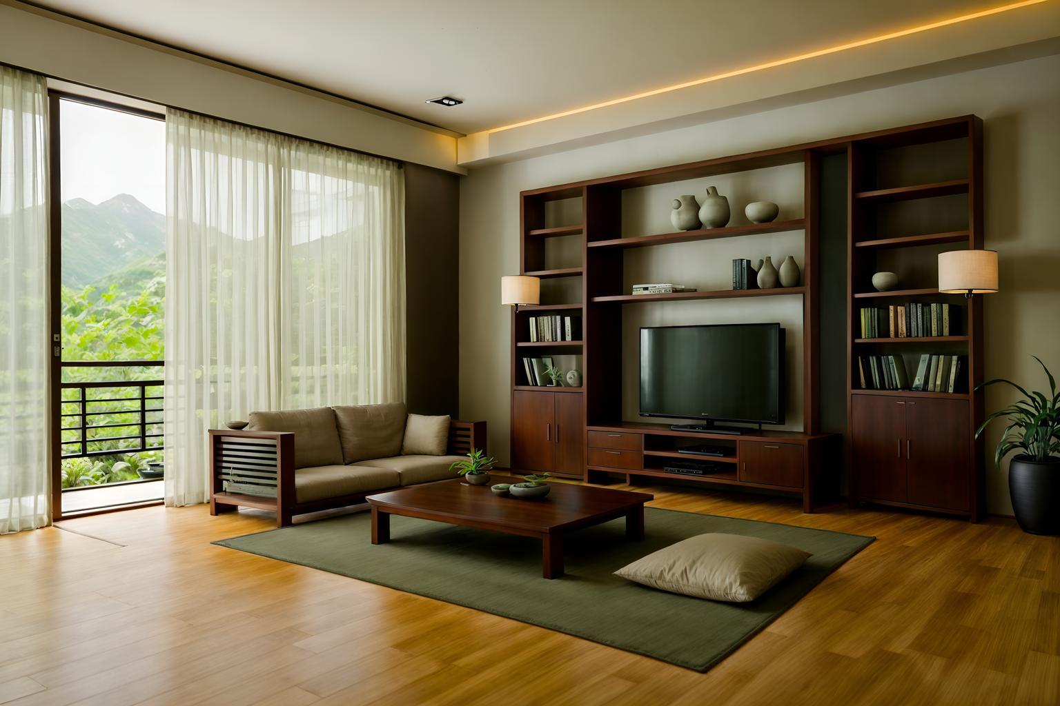 zen-style (living room interior) with furniture and bookshelves and occasional tables and coffee tables and sofa and electric lamps and plant and televisions. . with asian interior and calm and neutral colors and asian zen interior and serenity and harmony and natural textures and clean lines and japanese minimalist interior and simplicity. . cinematic photo, highly detailed, cinematic lighting, ultra-detailed, ultrarealistic, photorealism, 8k. zen interior design style. masterpiece, cinematic light, ultrarealistic+, photorealistic+, 8k, raw photo, realistic, sharp focus on eyes, (symmetrical eyes), (intact eyes), hyperrealistic, highest quality, best quality, , highly detailed, masterpiece, best quality, extremely detailed 8k wallpaper, masterpiece, best quality, ultra-detailed, best shadow, detailed background, detailed face, detailed eyes, high contrast, best illumination, detailed face, dulux, caustic, dynamic angle, detailed glow. dramatic lighting. highly detailed, insanely detailed hair, symmetrical, intricate details, professionally retouched, 8k high definition. strong bokeh. award winning photo.