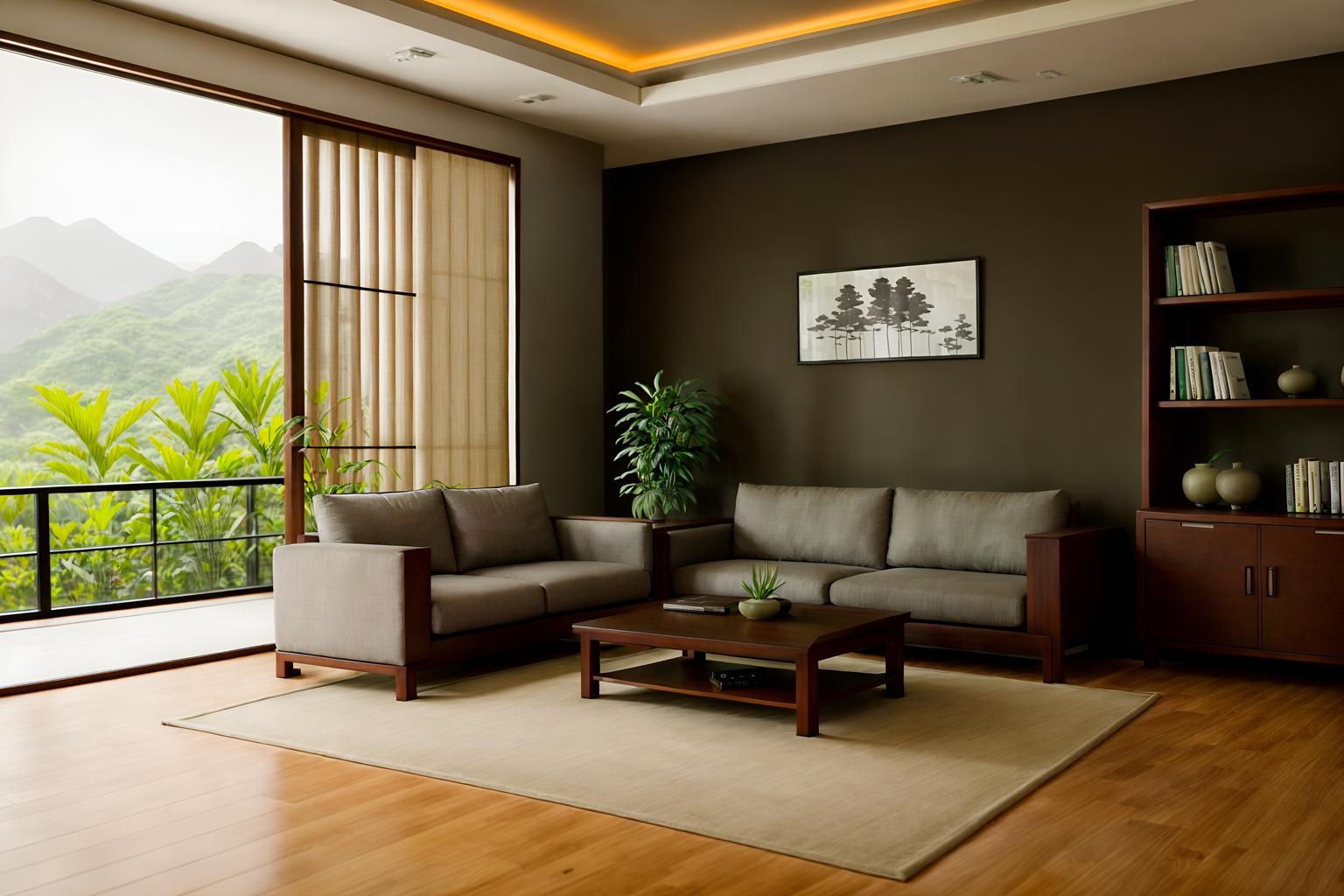 zen-style (living room interior) with furniture and bookshelves and occasional tables and coffee tables and sofa and electric lamps and plant and televisions. . with asian interior and calm and neutral colors and asian zen interior and serenity and harmony and natural textures and clean lines and japanese minimalist interior and simplicity. . cinematic photo, highly detailed, cinematic lighting, ultra-detailed, ultrarealistic, photorealism, 8k. zen interior design style. masterpiece, cinematic light, ultrarealistic+, photorealistic+, 8k, raw photo, realistic, sharp focus on eyes, (symmetrical eyes), (intact eyes), hyperrealistic, highest quality, best quality, , highly detailed, masterpiece, best quality, extremely detailed 8k wallpaper, masterpiece, best quality, ultra-detailed, best shadow, detailed background, detailed face, detailed eyes, high contrast, best illumination, detailed face, dulux, caustic, dynamic angle, detailed glow. dramatic lighting. highly detailed, insanely detailed hair, symmetrical, intricate details, professionally retouched, 8k high definition. strong bokeh. award winning photo.