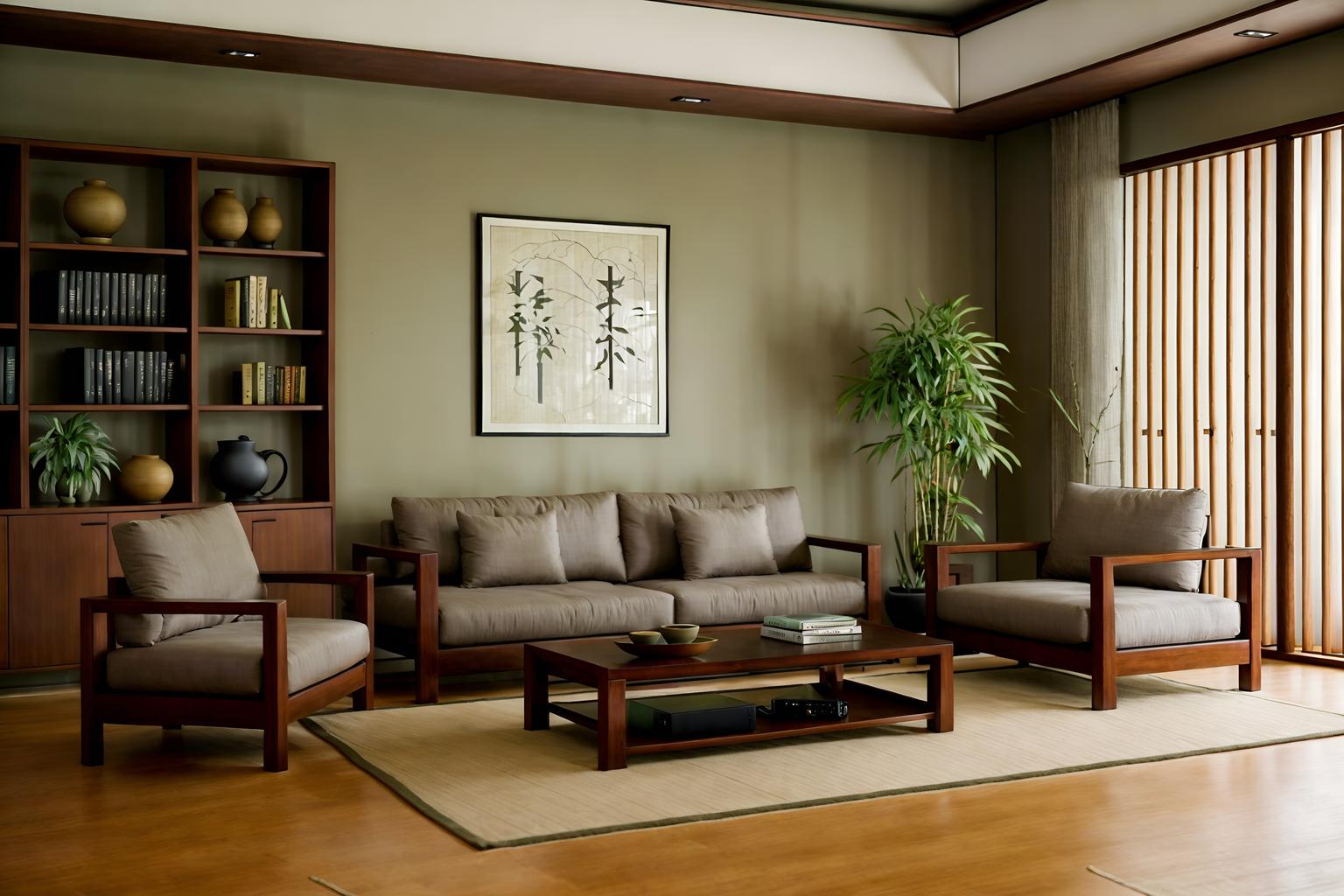 zen-style (living room interior) with furniture and bookshelves and occasional tables and coffee tables and sofa and electric lamps and plant and televisions. . with asian interior and calm and neutral colors and asian zen interior and serenity and harmony and natural textures and clean lines and japanese minimalist interior and simplicity. . cinematic photo, highly detailed, cinematic lighting, ultra-detailed, ultrarealistic, photorealism, 8k. zen interior design style. masterpiece, cinematic light, ultrarealistic+, photorealistic+, 8k, raw photo, realistic, sharp focus on eyes, (symmetrical eyes), (intact eyes), hyperrealistic, highest quality, best quality, , highly detailed, masterpiece, best quality, extremely detailed 8k wallpaper, masterpiece, best quality, ultra-detailed, best shadow, detailed background, detailed face, detailed eyes, high contrast, best illumination, detailed face, dulux, caustic, dynamic angle, detailed glow. dramatic lighting. highly detailed, insanely detailed hair, symmetrical, intricate details, professionally retouched, 8k high definition. strong bokeh. award winning photo.