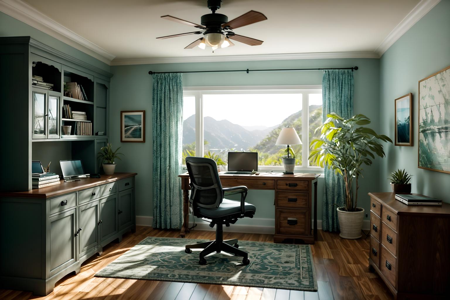 coastal-style (home office interior) with cabinets and office chair and plant and computer desk and desk lamp and cabinets. . with . . cinematic photo, highly detailed, cinematic lighting, ultra-detailed, ultrarealistic, photorealism, 8k. coastal interior design style. masterpiece, cinematic light, ultrarealistic+, photorealistic+, 8k, raw photo, realistic, sharp focus on eyes, (symmetrical eyes), (intact eyes), hyperrealistic, highest quality, best quality, , highly detailed, masterpiece, best quality, extremely detailed 8k wallpaper, masterpiece, best quality, ultra-detailed, best shadow, detailed background, detailed face, detailed eyes, high contrast, best illumination, detailed face, dulux, caustic, dynamic angle, detailed glow. dramatic lighting. highly detailed, insanely detailed hair, symmetrical, intricate details, professionally retouched, 8k high definition. strong bokeh. award winning photo.