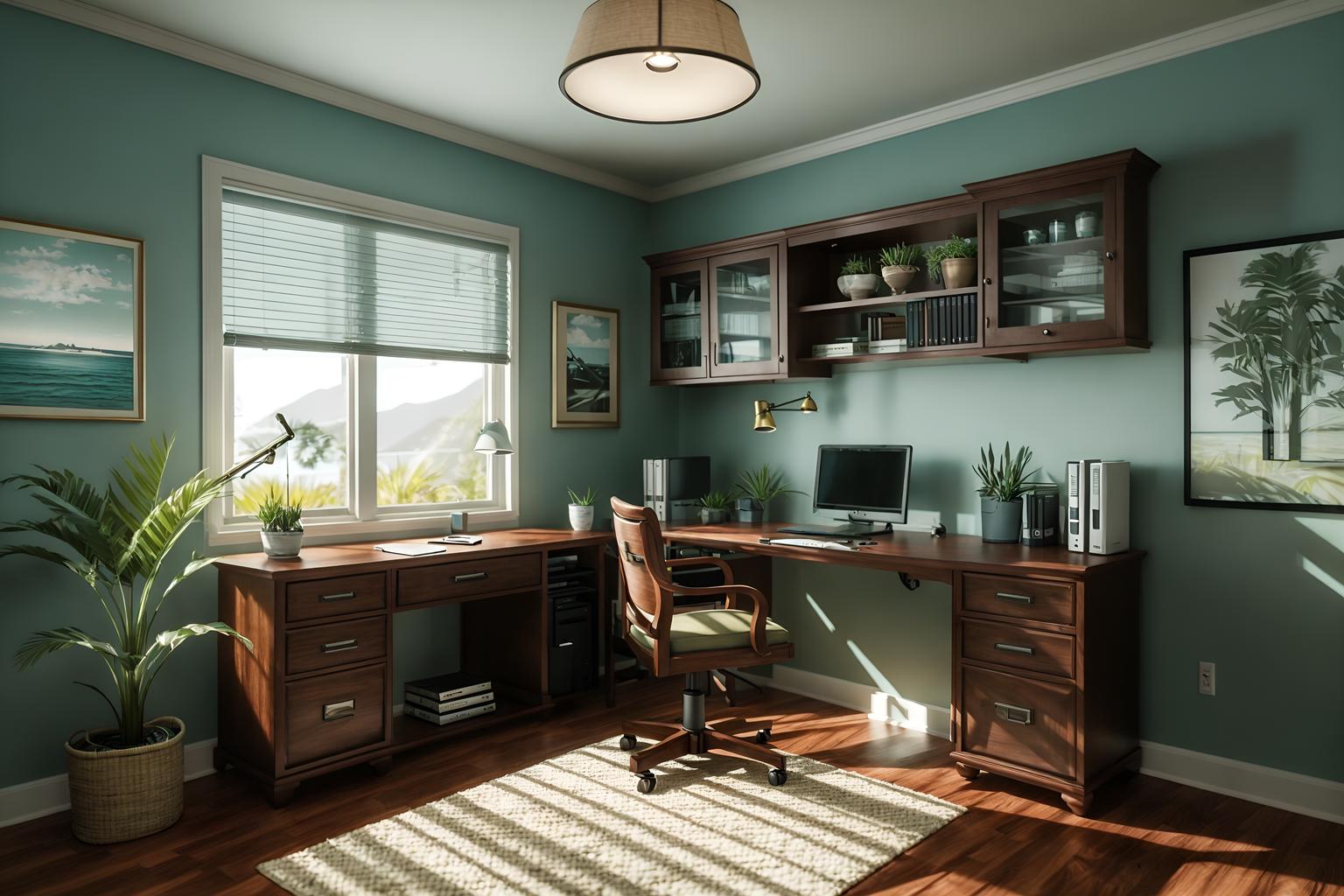 coastal-style (home office interior) with cabinets and office chair and plant and computer desk and desk lamp and cabinets. . with . . cinematic photo, highly detailed, cinematic lighting, ultra-detailed, ultrarealistic, photorealism, 8k. coastal interior design style. masterpiece, cinematic light, ultrarealistic+, photorealistic+, 8k, raw photo, realistic, sharp focus on eyes, (symmetrical eyes), (intact eyes), hyperrealistic, highest quality, best quality, , highly detailed, masterpiece, best quality, extremely detailed 8k wallpaper, masterpiece, best quality, ultra-detailed, best shadow, detailed background, detailed face, detailed eyes, high contrast, best illumination, detailed face, dulux, caustic, dynamic angle, detailed glow. dramatic lighting. highly detailed, insanely detailed hair, symmetrical, intricate details, professionally retouched, 8k high definition. strong bokeh. award winning photo.