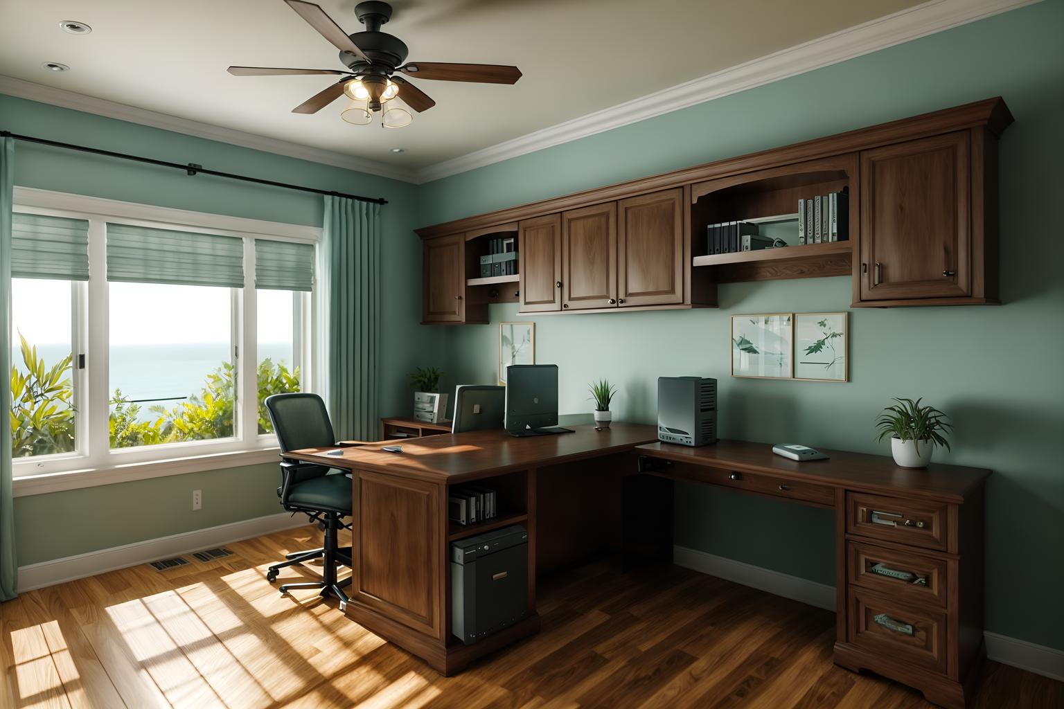 coastal-style (home office interior) with cabinets and office chair and plant and computer desk and desk lamp and cabinets. . with . . cinematic photo, highly detailed, cinematic lighting, ultra-detailed, ultrarealistic, photorealism, 8k. coastal interior design style. masterpiece, cinematic light, ultrarealistic+, photorealistic+, 8k, raw photo, realistic, sharp focus on eyes, (symmetrical eyes), (intact eyes), hyperrealistic, highest quality, best quality, , highly detailed, masterpiece, best quality, extremely detailed 8k wallpaper, masterpiece, best quality, ultra-detailed, best shadow, detailed background, detailed face, detailed eyes, high contrast, best illumination, detailed face, dulux, caustic, dynamic angle, detailed glow. dramatic lighting. highly detailed, insanely detailed hair, symmetrical, intricate details, professionally retouched, 8k high definition. strong bokeh. award winning photo.