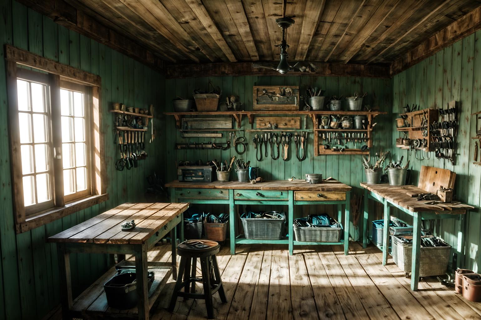 coastal-style (workshop interior) with tool wall and wooden workbench and messy and tool wall. . with . . cinematic photo, highly detailed, cinematic lighting, ultra-detailed, ultrarealistic, photorealism, 8k. coastal interior design style. masterpiece, cinematic light, ultrarealistic+, photorealistic+, 8k, raw photo, realistic, sharp focus on eyes, (symmetrical eyes), (intact eyes), hyperrealistic, highest quality, best quality, , highly detailed, masterpiece, best quality, extremely detailed 8k wallpaper, masterpiece, best quality, ultra-detailed, best shadow, detailed background, detailed face, detailed eyes, high contrast, best illumination, detailed face, dulux, caustic, dynamic angle, detailed glow. dramatic lighting. highly detailed, insanely detailed hair, symmetrical, intricate details, professionally retouched, 8k high definition. strong bokeh. award winning photo.