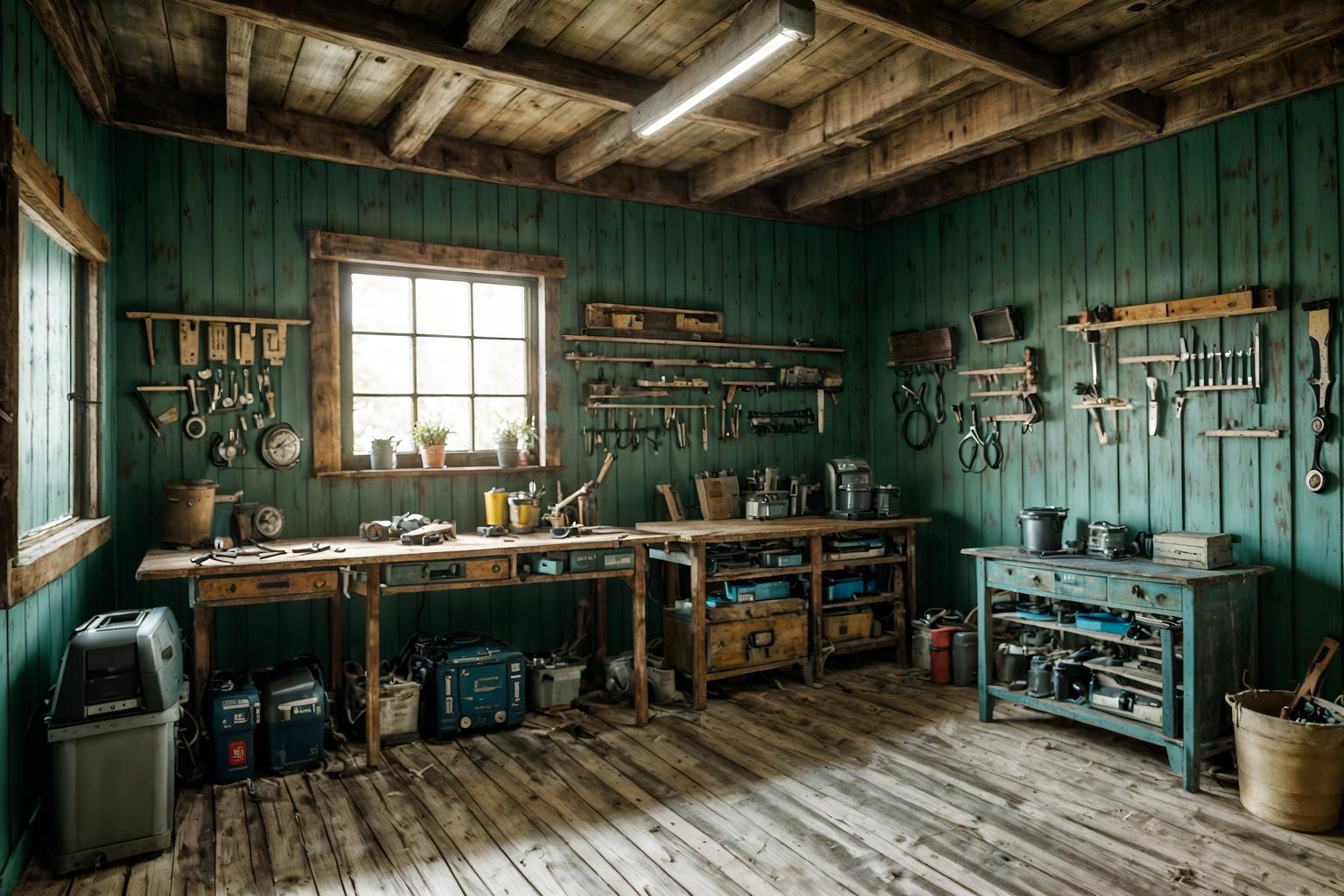 coastal-style (workshop interior) with tool wall and wooden workbench and messy and tool wall. . with . . cinematic photo, highly detailed, cinematic lighting, ultra-detailed, ultrarealistic, photorealism, 8k. coastal interior design style. masterpiece, cinematic light, ultrarealistic+, photorealistic+, 8k, raw photo, realistic, sharp focus on eyes, (symmetrical eyes), (intact eyes), hyperrealistic, highest quality, best quality, , highly detailed, masterpiece, best quality, extremely detailed 8k wallpaper, masterpiece, best quality, ultra-detailed, best shadow, detailed background, detailed face, detailed eyes, high contrast, best illumination, detailed face, dulux, caustic, dynamic angle, detailed glow. dramatic lighting. highly detailed, insanely detailed hair, symmetrical, intricate details, professionally retouched, 8k high definition. strong bokeh. award winning photo.