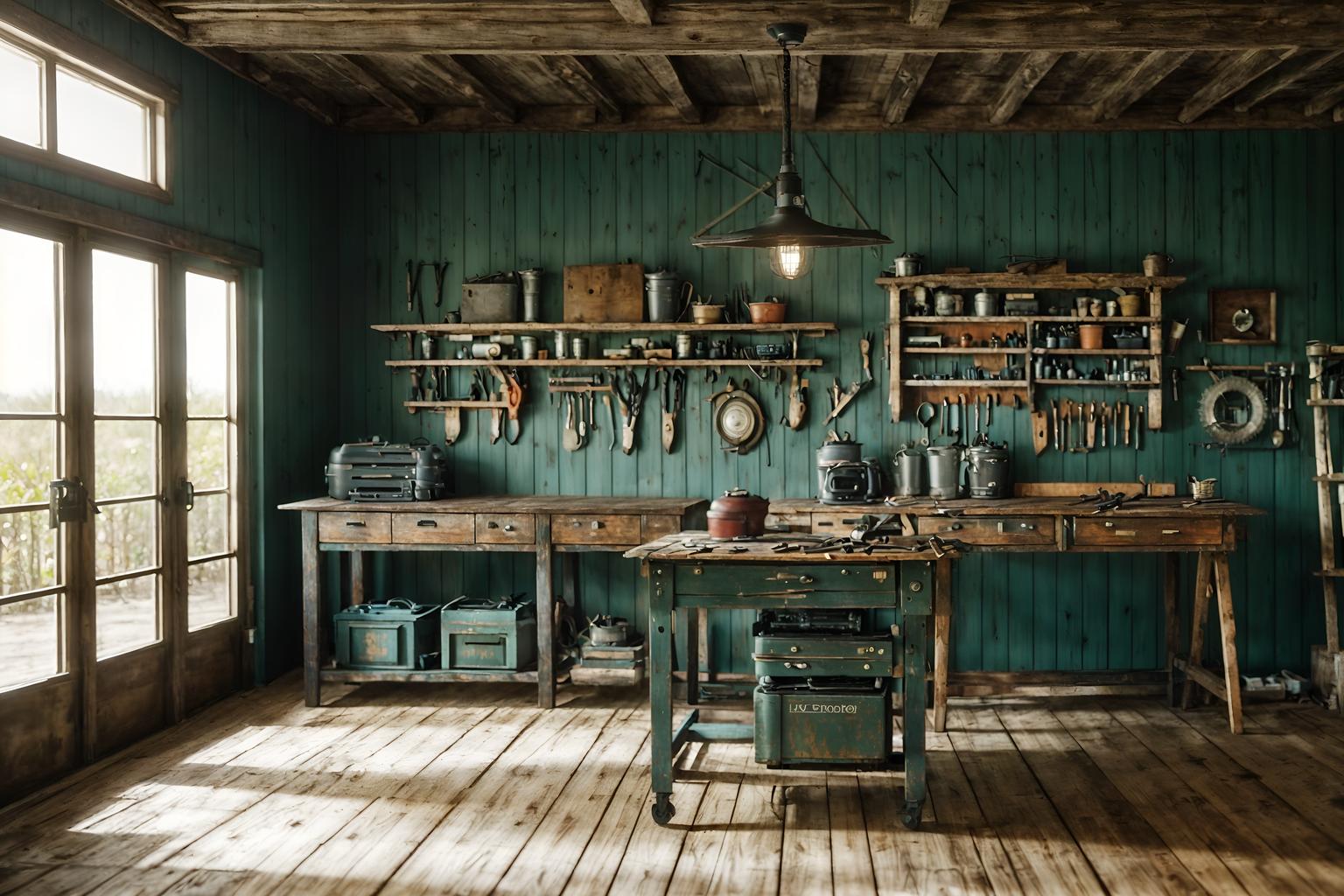coastal-style (workshop interior) with tool wall and wooden workbench and messy and tool wall. . with . . cinematic photo, highly detailed, cinematic lighting, ultra-detailed, ultrarealistic, photorealism, 8k. coastal interior design style. masterpiece, cinematic light, ultrarealistic+, photorealistic+, 8k, raw photo, realistic, sharp focus on eyes, (symmetrical eyes), (intact eyes), hyperrealistic, highest quality, best quality, , highly detailed, masterpiece, best quality, extremely detailed 8k wallpaper, masterpiece, best quality, ultra-detailed, best shadow, detailed background, detailed face, detailed eyes, high contrast, best illumination, detailed face, dulux, caustic, dynamic angle, detailed glow. dramatic lighting. highly detailed, insanely detailed hair, symmetrical, intricate details, professionally retouched, 8k high definition. strong bokeh. award winning photo.