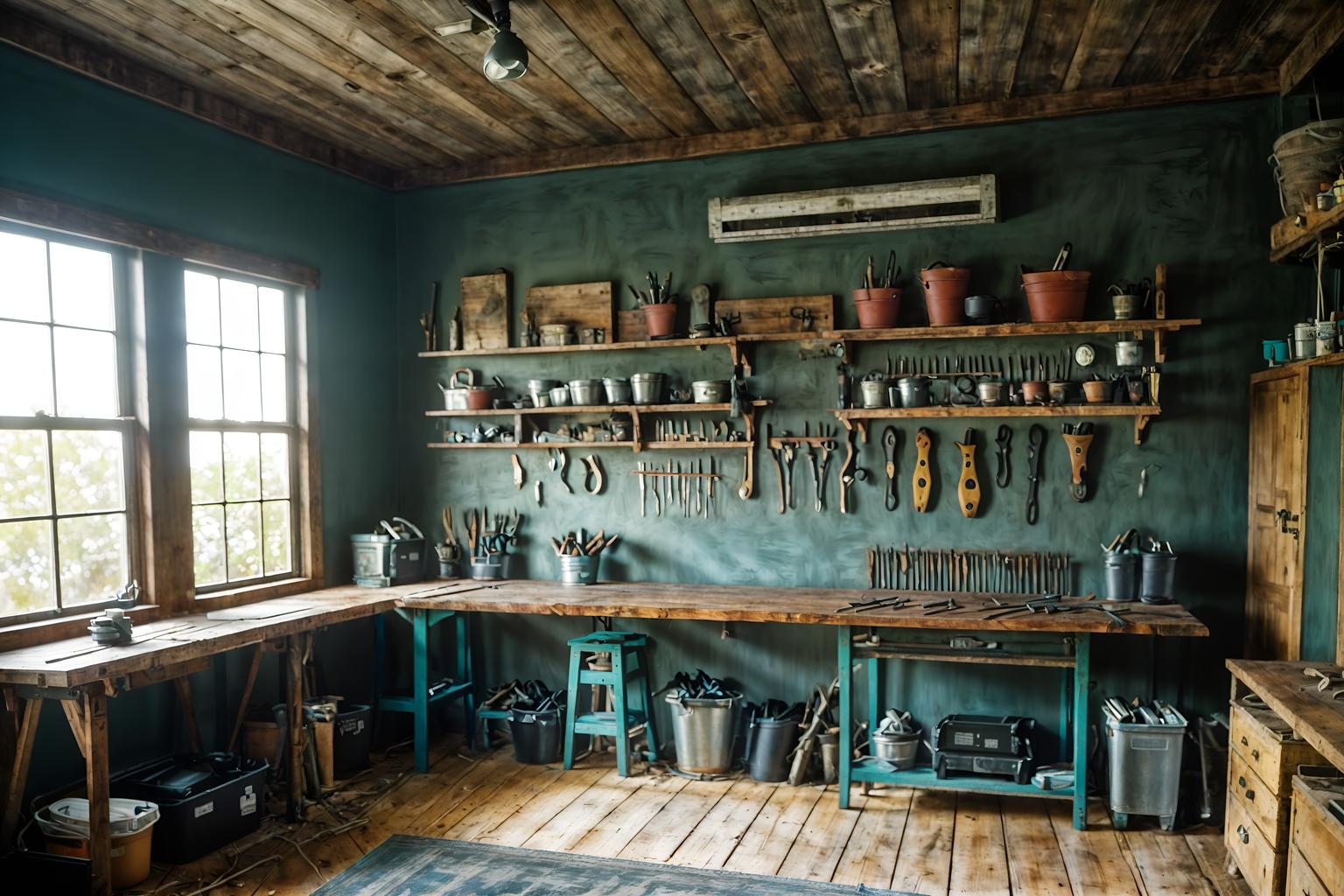 coastal-style (workshop interior) with tool wall and wooden workbench and messy and tool wall. . with . . cinematic photo, highly detailed, cinematic lighting, ultra-detailed, ultrarealistic, photorealism, 8k. coastal interior design style. masterpiece, cinematic light, ultrarealistic+, photorealistic+, 8k, raw photo, realistic, sharp focus on eyes, (symmetrical eyes), (intact eyes), hyperrealistic, highest quality, best quality, , highly detailed, masterpiece, best quality, extremely detailed 8k wallpaper, masterpiece, best quality, ultra-detailed, best shadow, detailed background, detailed face, detailed eyes, high contrast, best illumination, detailed face, dulux, caustic, dynamic angle, detailed glow. dramatic lighting. highly detailed, insanely detailed hair, symmetrical, intricate details, professionally retouched, 8k high definition. strong bokeh. award winning photo.