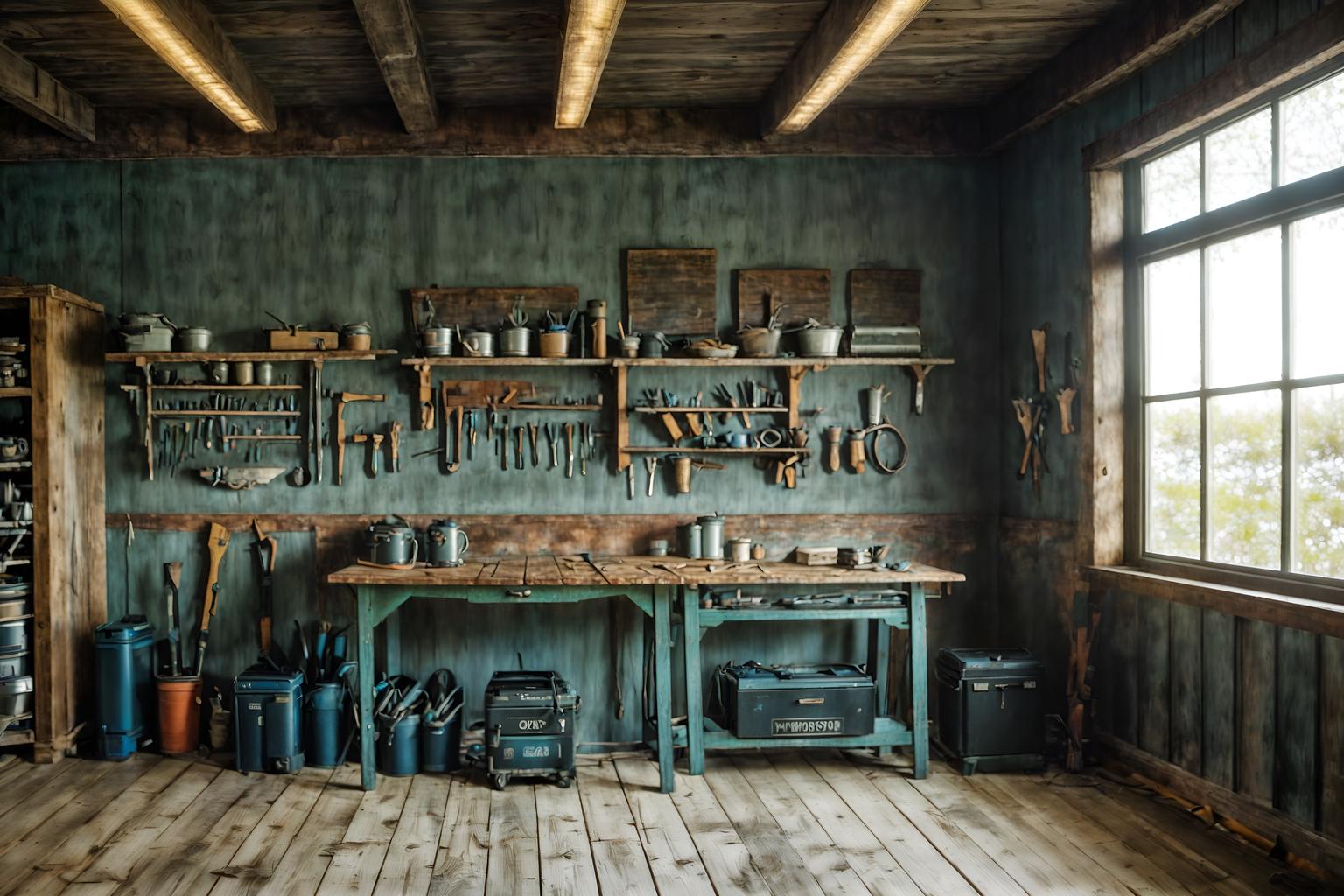 coastal-style (workshop interior) with tool wall and wooden workbench and messy and tool wall. . with . . cinematic photo, highly detailed, cinematic lighting, ultra-detailed, ultrarealistic, photorealism, 8k. coastal interior design style. masterpiece, cinematic light, ultrarealistic+, photorealistic+, 8k, raw photo, realistic, sharp focus on eyes, (symmetrical eyes), (intact eyes), hyperrealistic, highest quality, best quality, , highly detailed, masterpiece, best quality, extremely detailed 8k wallpaper, masterpiece, best quality, ultra-detailed, best shadow, detailed background, detailed face, detailed eyes, high contrast, best illumination, detailed face, dulux, caustic, dynamic angle, detailed glow. dramatic lighting. highly detailed, insanely detailed hair, symmetrical, intricate details, professionally retouched, 8k high definition. strong bokeh. award winning photo.