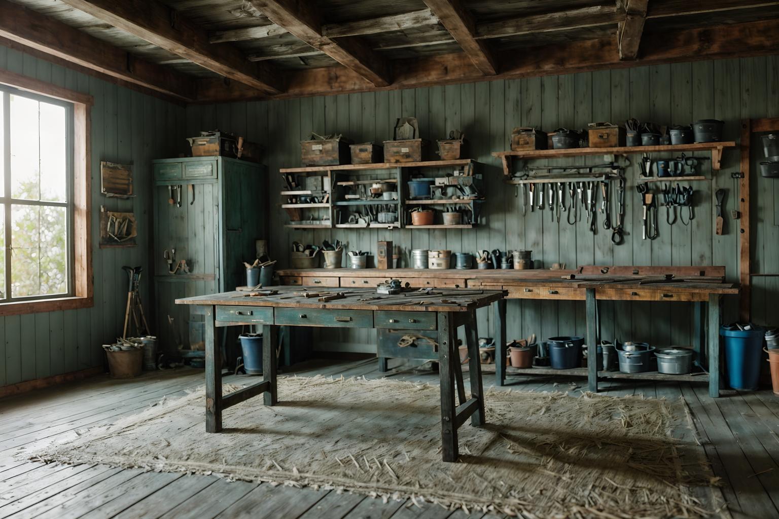 coastal-style (workshop interior) with tool wall and wooden workbench and messy and tool wall. . with . . cinematic photo, highly detailed, cinematic lighting, ultra-detailed, ultrarealistic, photorealism, 8k. coastal interior design style. masterpiece, cinematic light, ultrarealistic+, photorealistic+, 8k, raw photo, realistic, sharp focus on eyes, (symmetrical eyes), (intact eyes), hyperrealistic, highest quality, best quality, , highly detailed, masterpiece, best quality, extremely detailed 8k wallpaper, masterpiece, best quality, ultra-detailed, best shadow, detailed background, detailed face, detailed eyes, high contrast, best illumination, detailed face, dulux, caustic, dynamic angle, detailed glow. dramatic lighting. highly detailed, insanely detailed hair, symmetrical, intricate details, professionally retouched, 8k high definition. strong bokeh. award winning photo.