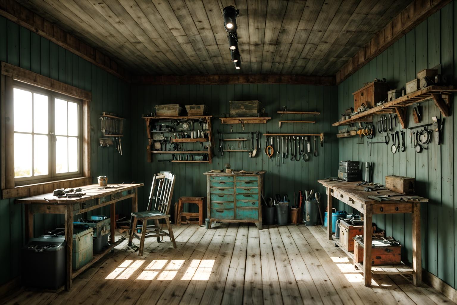 coastal-style (workshop interior) with tool wall and wooden workbench and messy and tool wall. . with . . cinematic photo, highly detailed, cinematic lighting, ultra-detailed, ultrarealistic, photorealism, 8k. coastal interior design style. masterpiece, cinematic light, ultrarealistic+, photorealistic+, 8k, raw photo, realistic, sharp focus on eyes, (symmetrical eyes), (intact eyes), hyperrealistic, highest quality, best quality, , highly detailed, masterpiece, best quality, extremely detailed 8k wallpaper, masterpiece, best quality, ultra-detailed, best shadow, detailed background, detailed face, detailed eyes, high contrast, best illumination, detailed face, dulux, caustic, dynamic angle, detailed glow. dramatic lighting. highly detailed, insanely detailed hair, symmetrical, intricate details, professionally retouched, 8k high definition. strong bokeh. award winning photo.