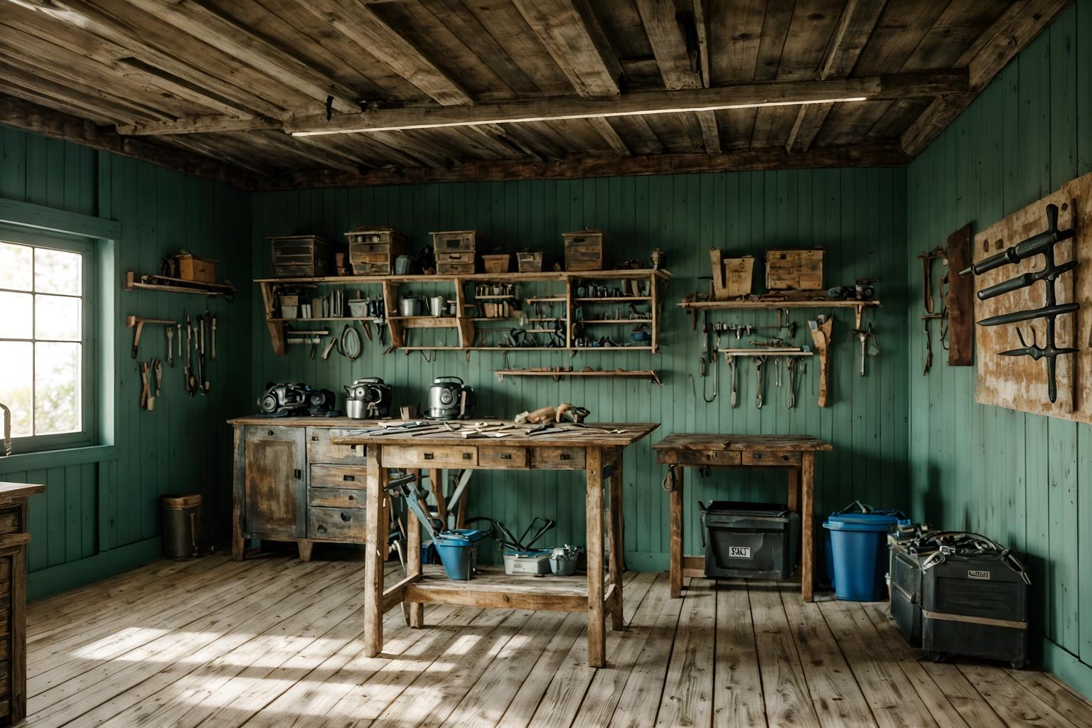 coastal-style (workshop interior) with tool wall and wooden workbench and messy and tool wall. . with . . cinematic photo, highly detailed, cinematic lighting, ultra-detailed, ultrarealistic, photorealism, 8k. coastal interior design style. masterpiece, cinematic light, ultrarealistic+, photorealistic+, 8k, raw photo, realistic, sharp focus on eyes, (symmetrical eyes), (intact eyes), hyperrealistic, highest quality, best quality, , highly detailed, masterpiece, best quality, extremely detailed 8k wallpaper, masterpiece, best quality, ultra-detailed, best shadow, detailed background, detailed face, detailed eyes, high contrast, best illumination, detailed face, dulux, caustic, dynamic angle, detailed glow. dramatic lighting. highly detailed, insanely detailed hair, symmetrical, intricate details, professionally retouched, 8k high definition. strong bokeh. award winning photo.